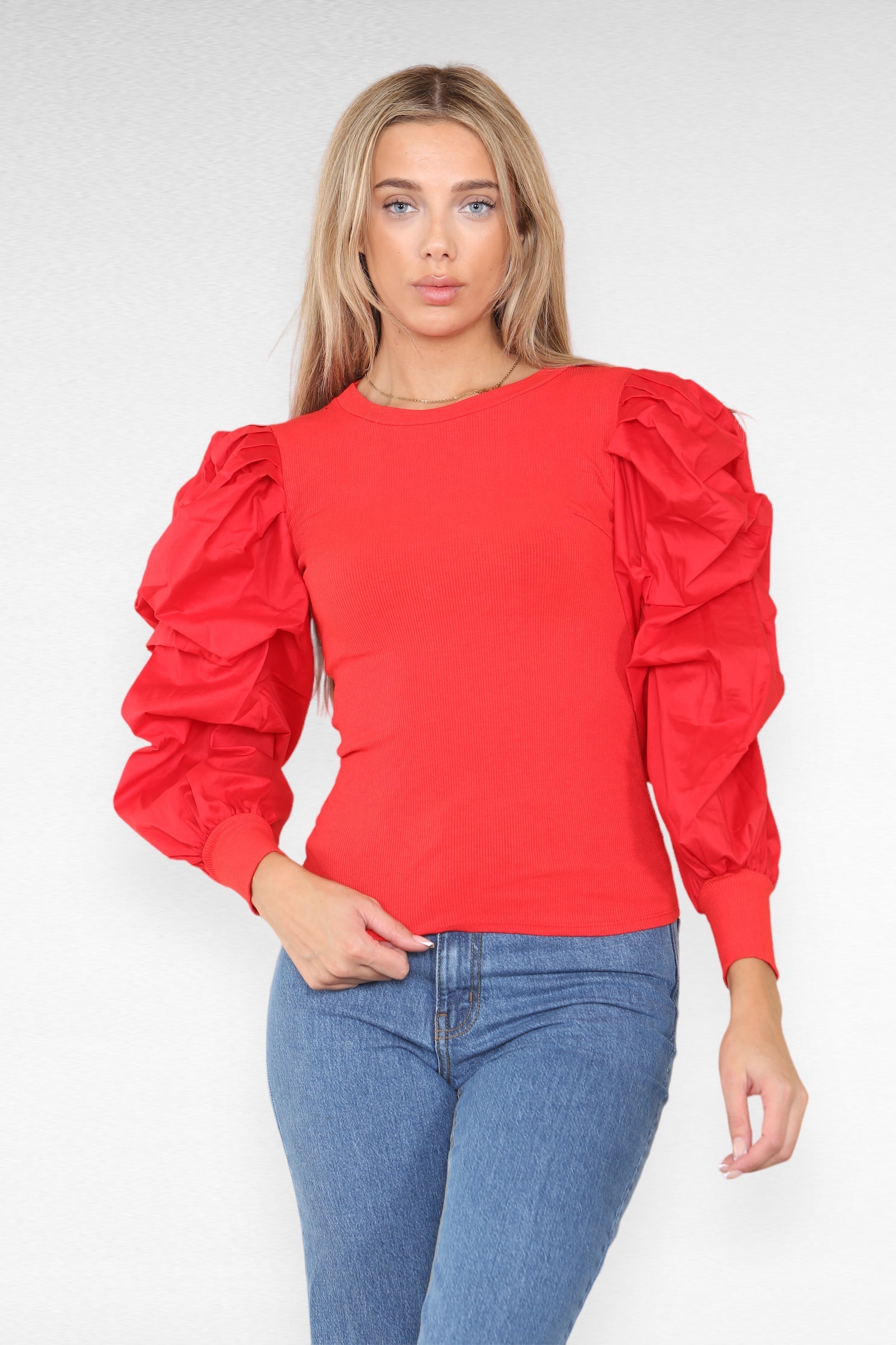 Oversized Puff Sleeves Ribbed Top Top & Bodysuit WearAll Red 6-8