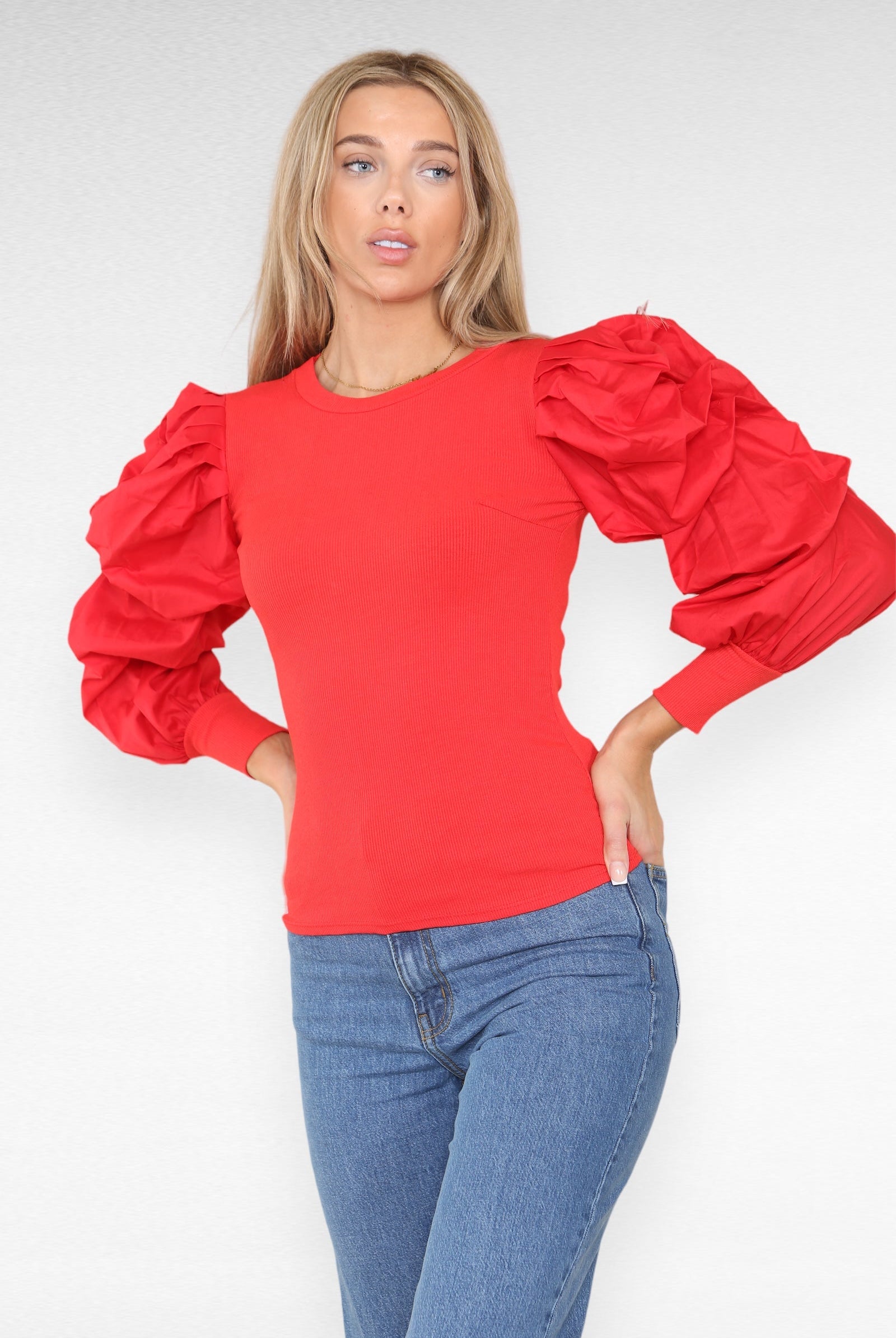 Oversized Puff Sleeves Ribbed Top Top & Bodysuit WearAll