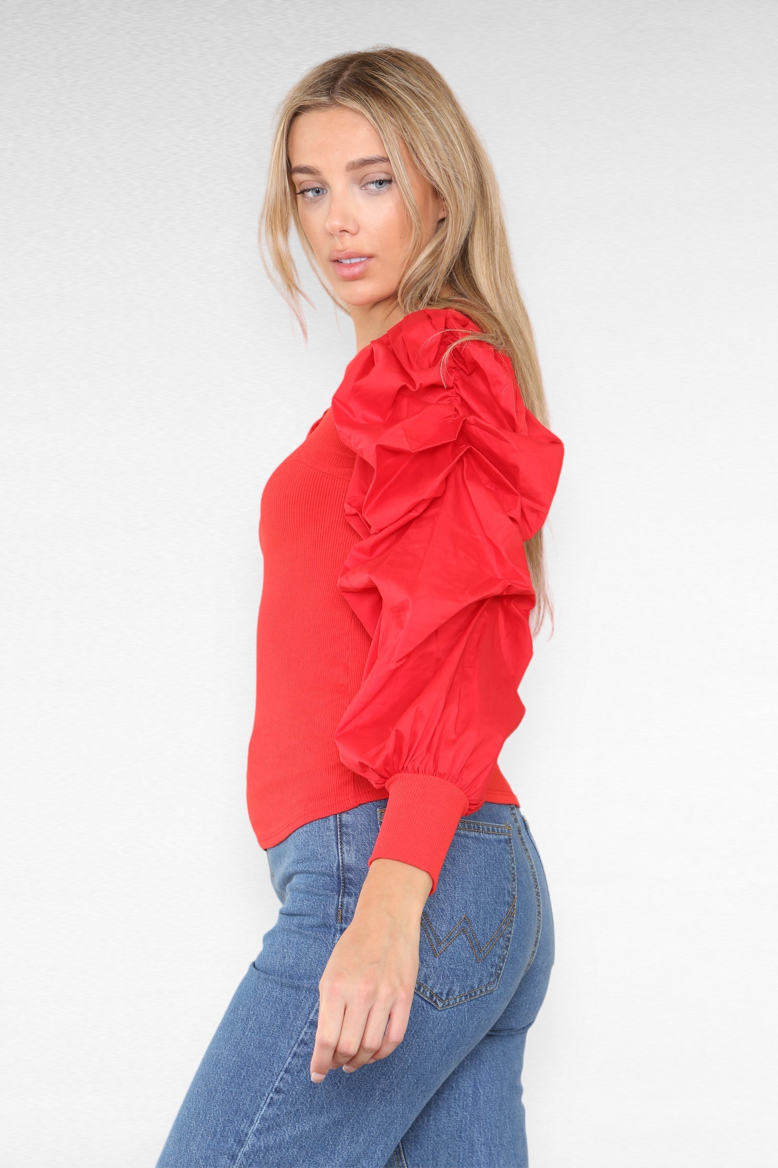 Oversized Puff Sleeves Ribbed Top Top & Bodysuit WearAll