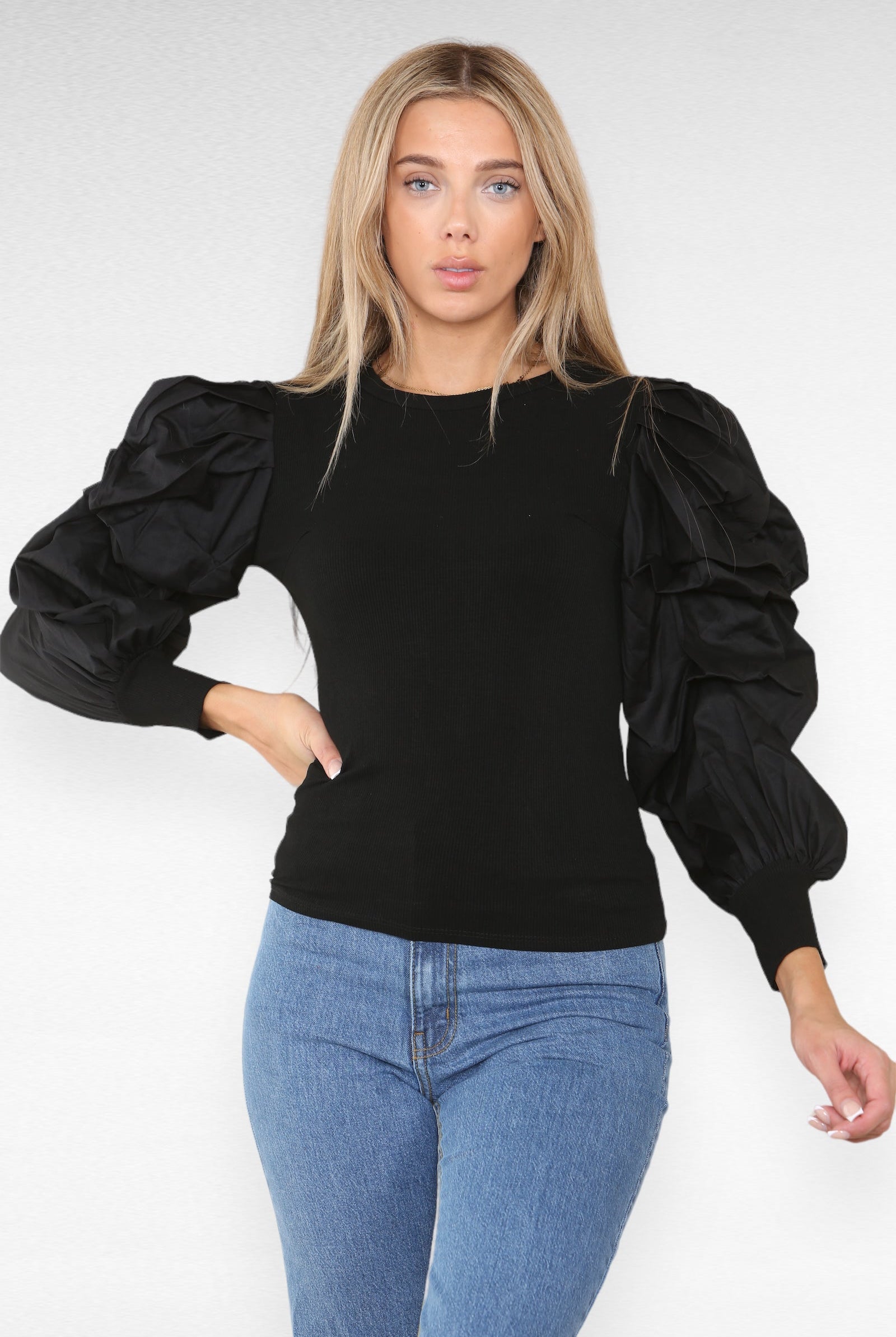 Oversized Puff Sleeves Ribbed Top Top & Bodysuit WearAll Black 6-8