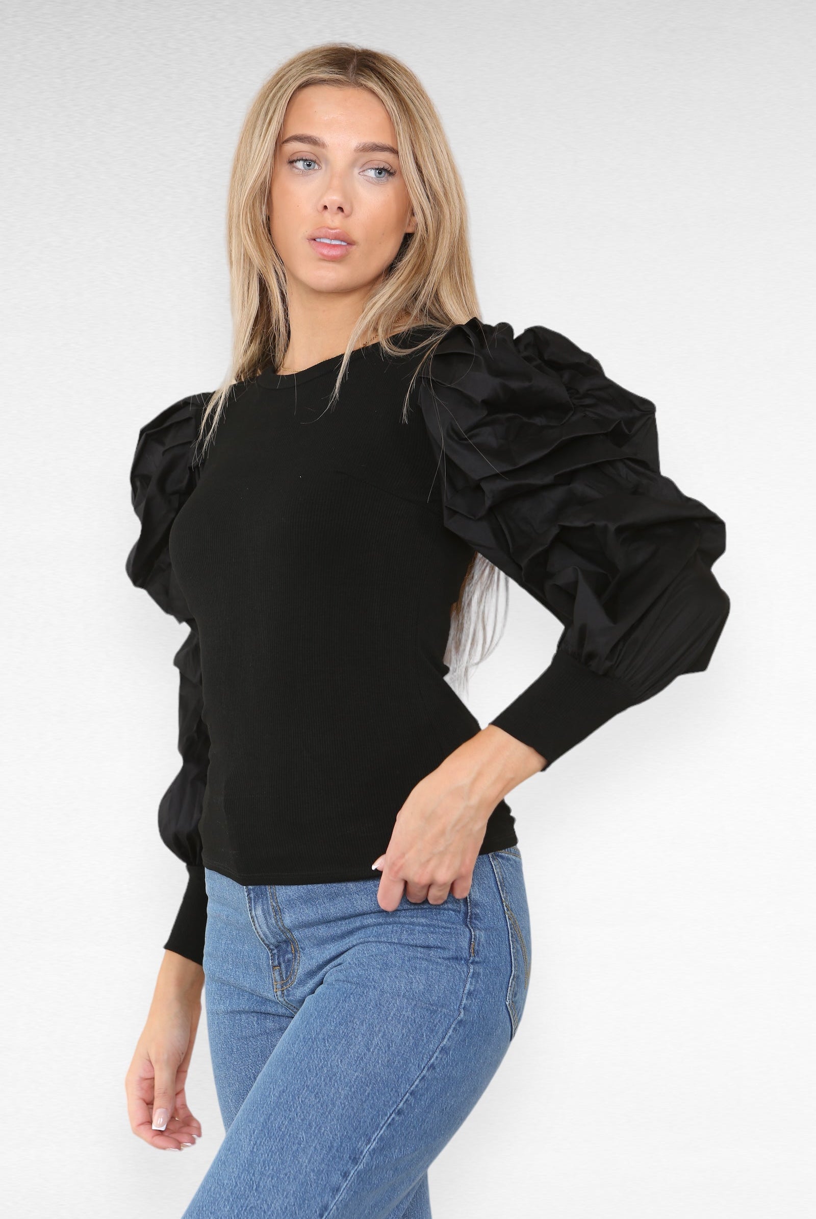 Oversized Puff Sleeves Ribbed Top Top & Bodysuit WearAll
