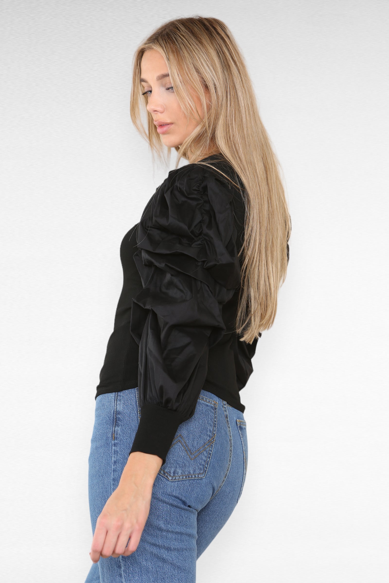 Oversized Puff Sleeves Ribbed Top Top & Bodysuit WearAll
