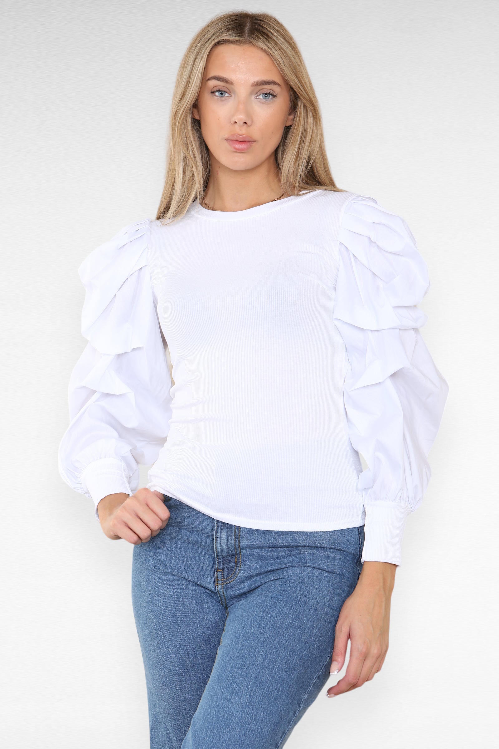Oversized Puff Sleeves Ribbed Top Top & Bodysuit WearAll White 6-8