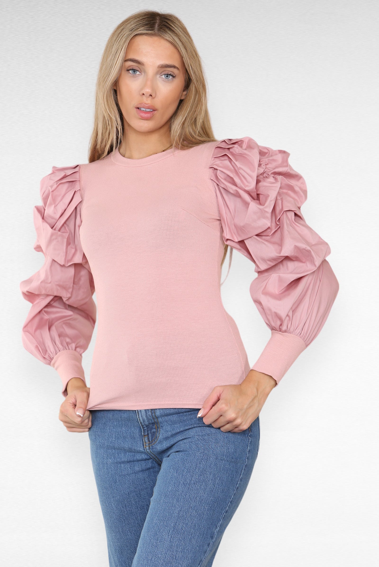 Oversized Puff Sleeves Ribbed Top Top & Bodysuit WearAll