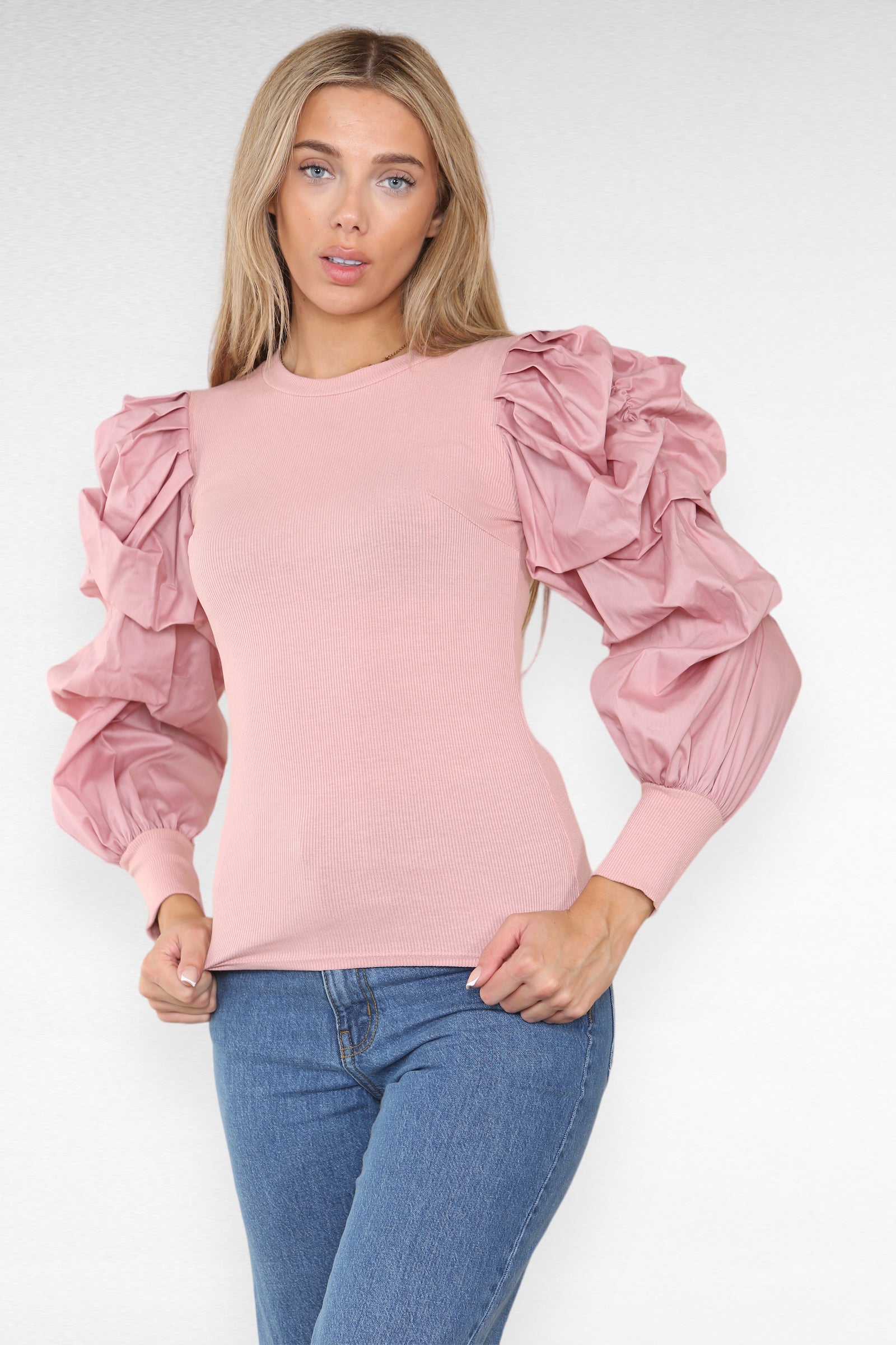 Oversized Puff Sleeves Ribbed Top Top & Bodysuit WearAll