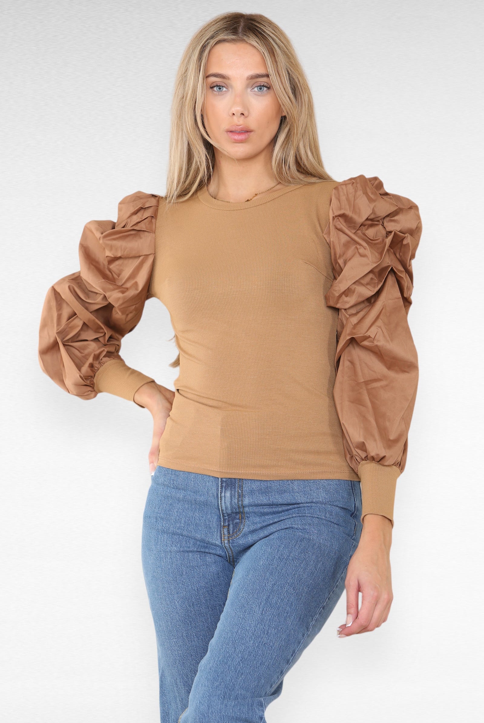 Oversized Puff Sleeves Ribbed Top Top & Bodysuit WearAll Camel 6-8