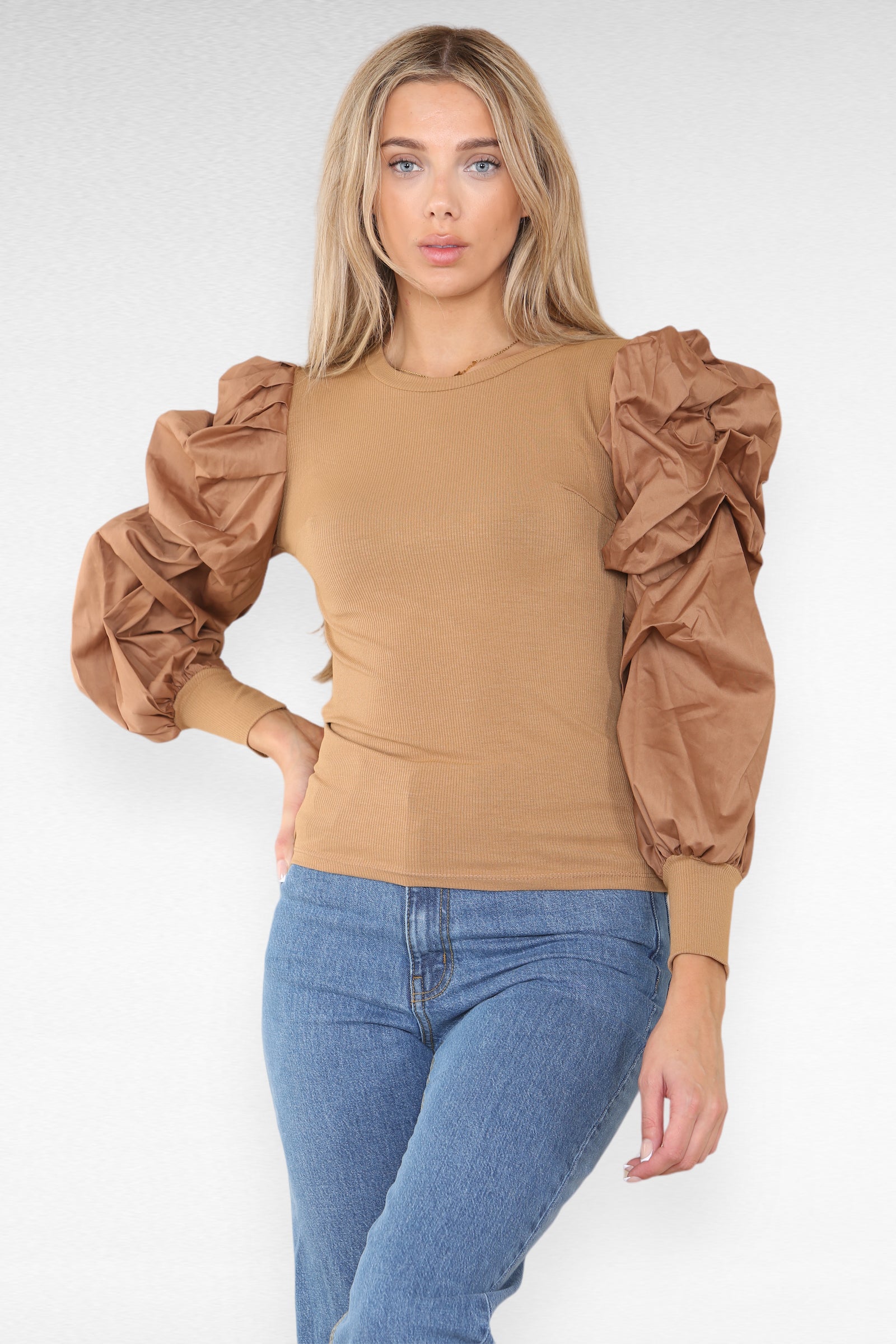 Oversized Puff Sleeves Ribbed Top Top & Bodysuit WearAll Camel 6-8