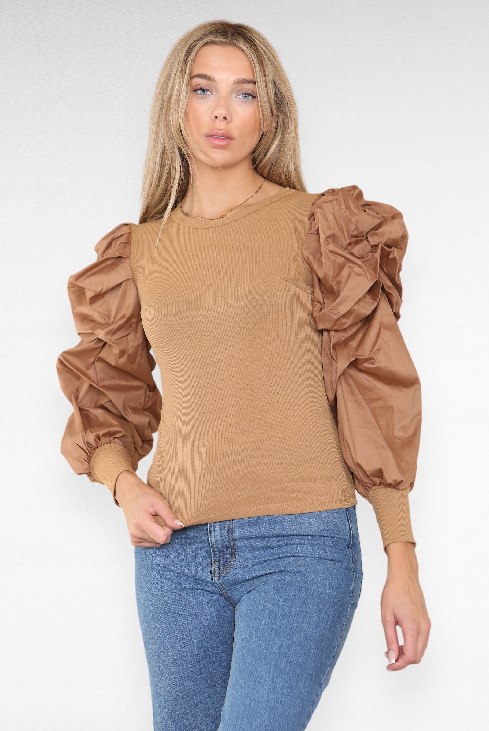 Oversized Puff Sleeves Ribbed Top Top & Bodysuit WearAll