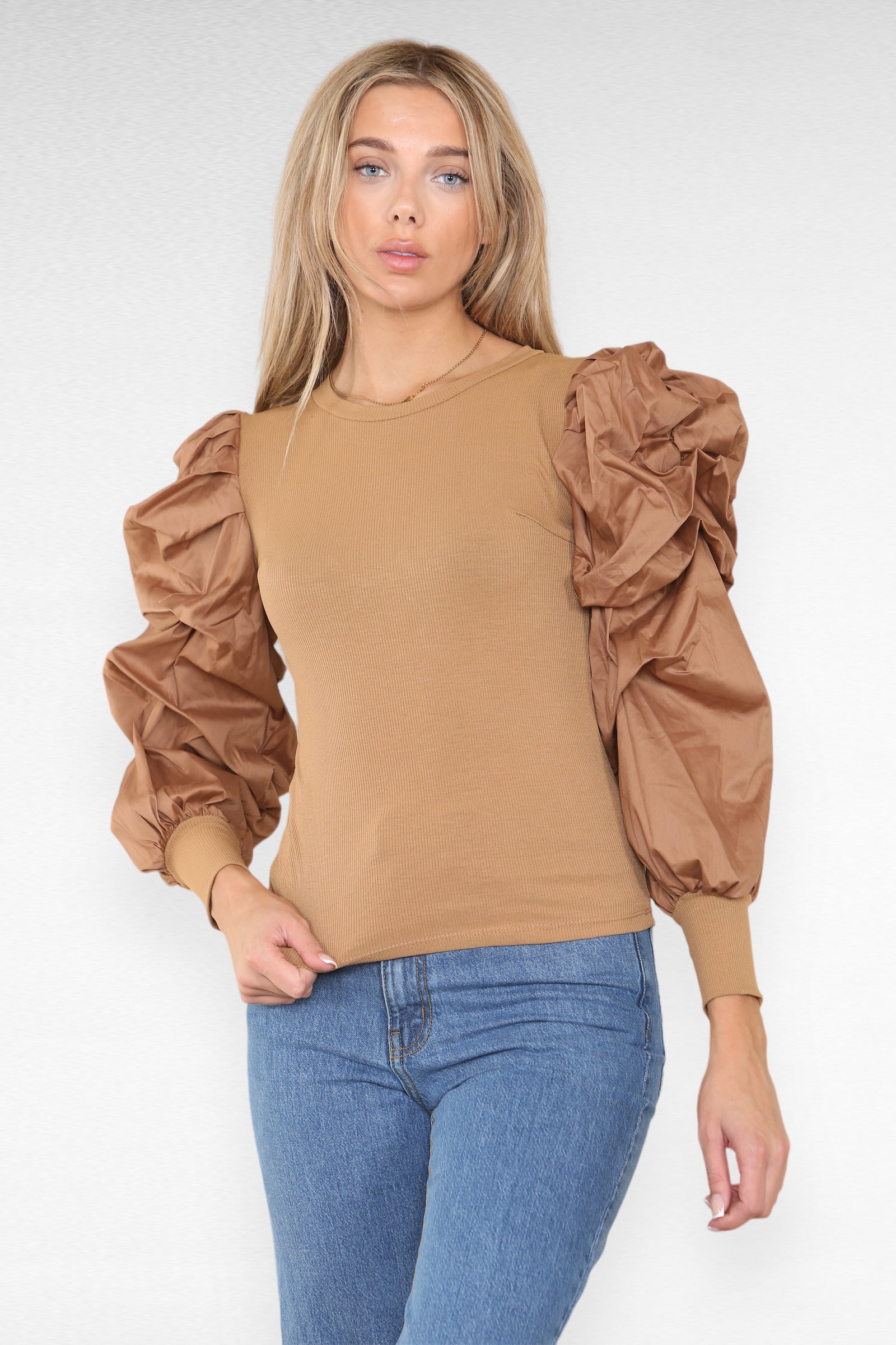 Oversized Puff Sleeves Ribbed Top Top & Bodysuit WearAll