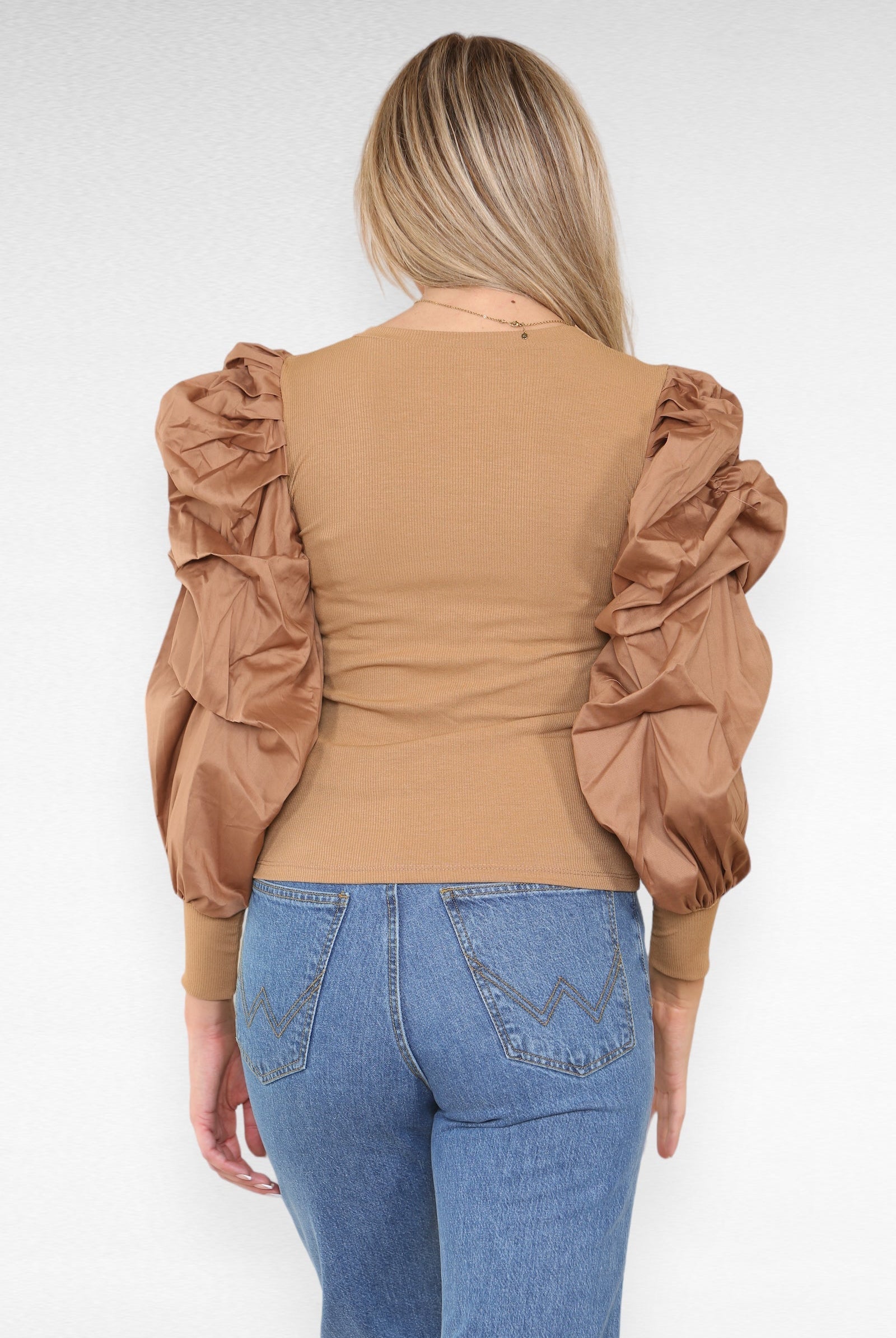 Oversized Puff Sleeves Ribbed Top Top & Bodysuit WearAll