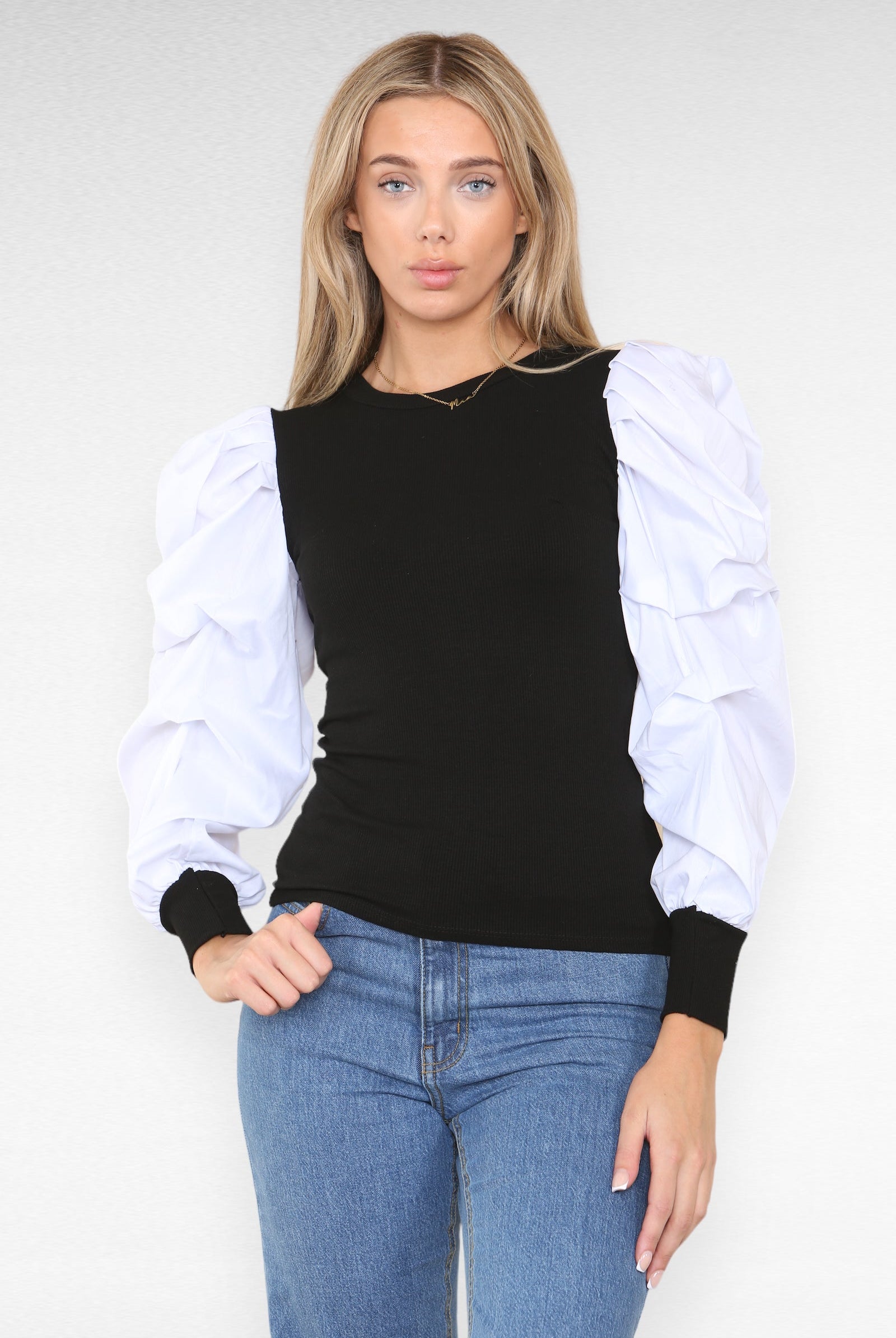 Oversized Puff Sleeves Ribbed Top Top & Bodysuit WearAll Black & White 6-8