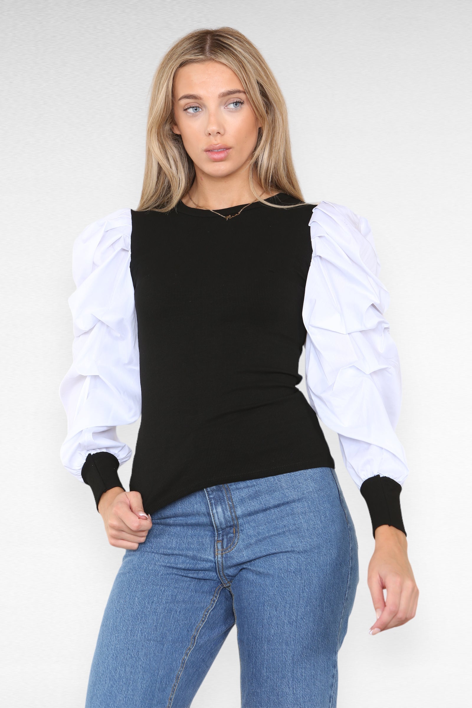Oversized Puff Sleeves Ribbed Top Top & Bodysuit WearAll