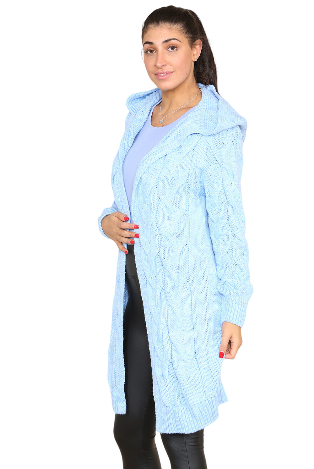 Knitted Cables Hooded Long Over Sized Cardigan Cardigan WearAll Sky Blue S/M