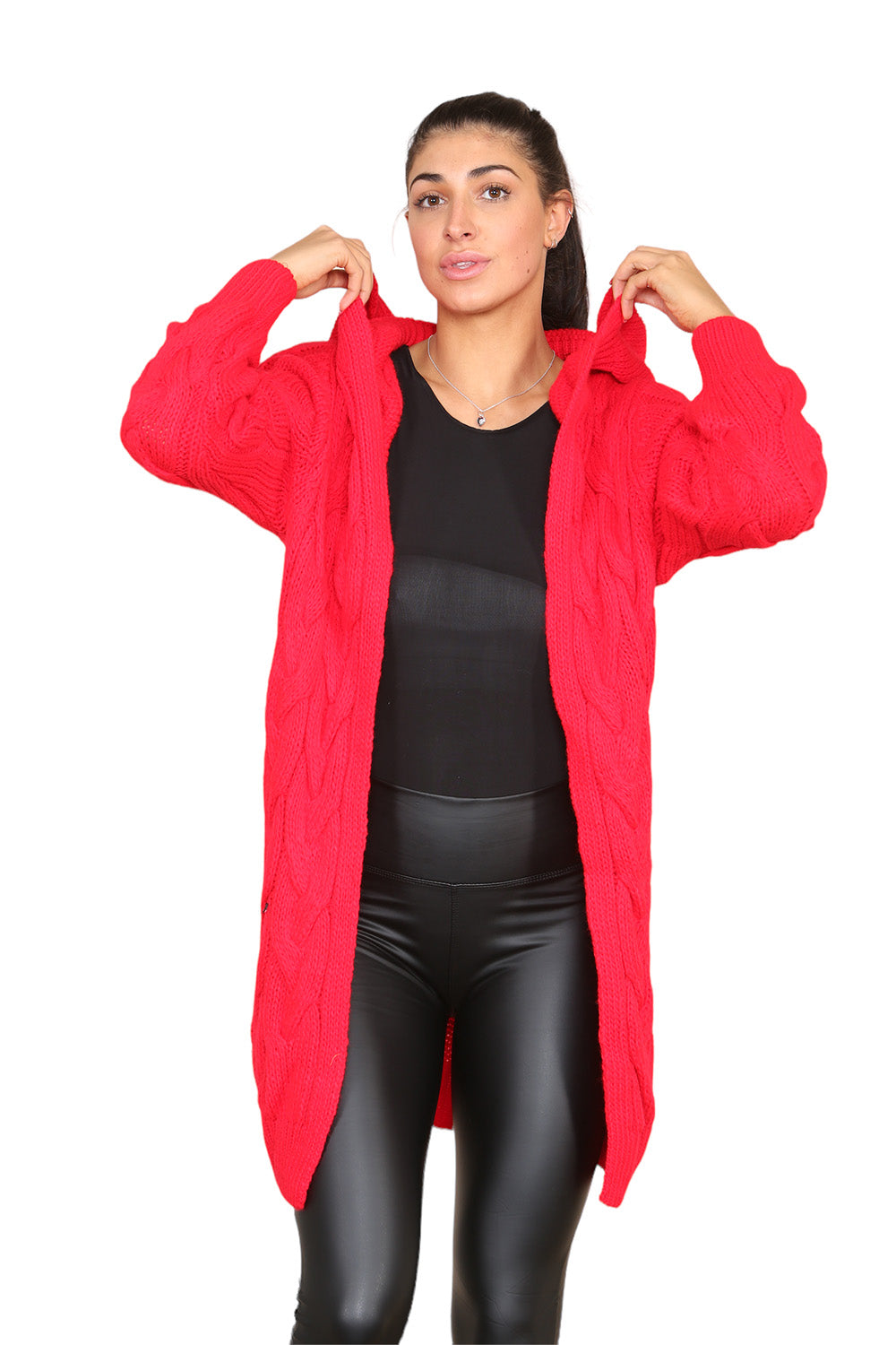 Knitted Cables Hooded Long Over Sized Cardigan Cardigan WearAll Red S/M