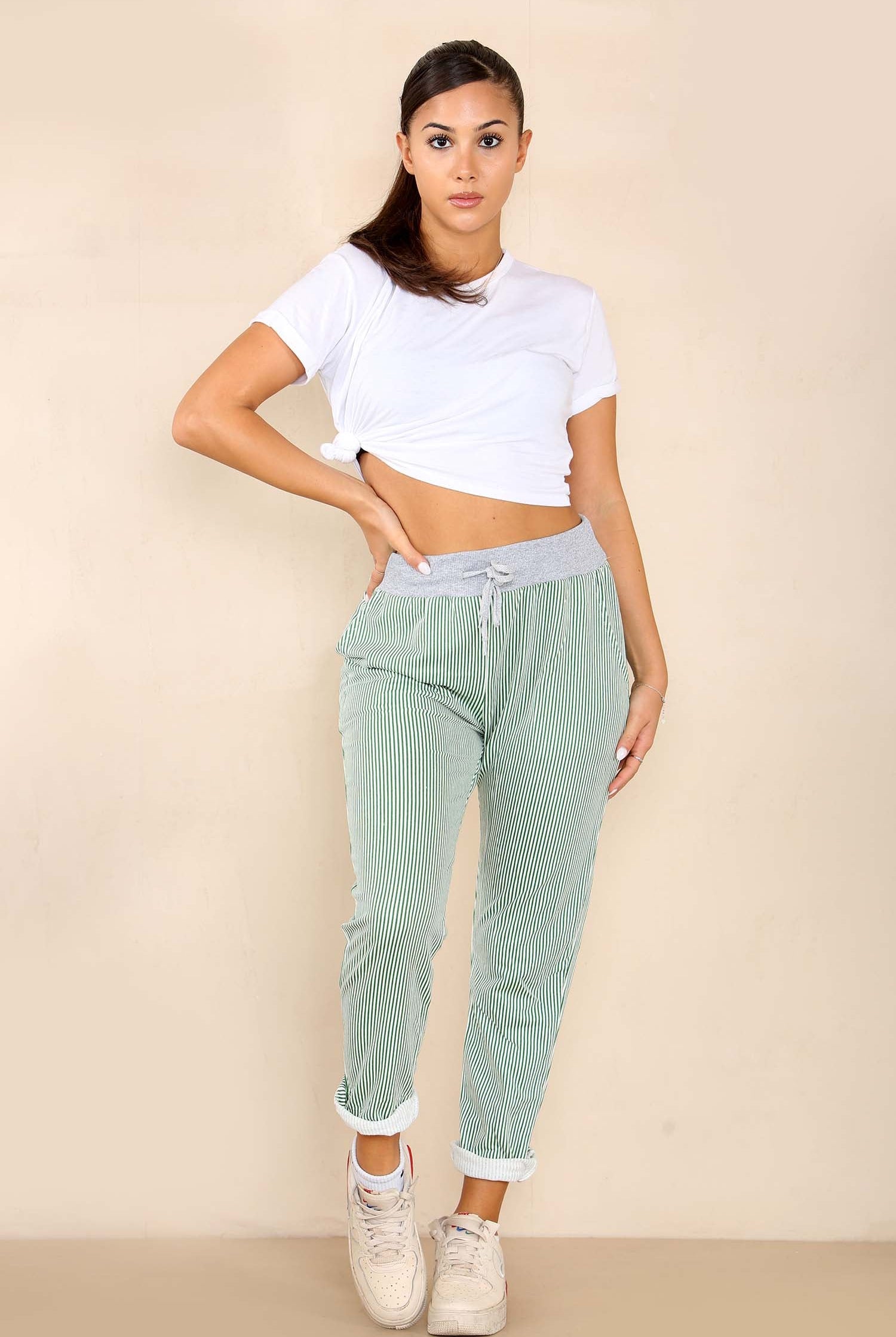 Plus Size Italian Thin Stripes Print Drawstring Cotton Joggers Trouser WearAll