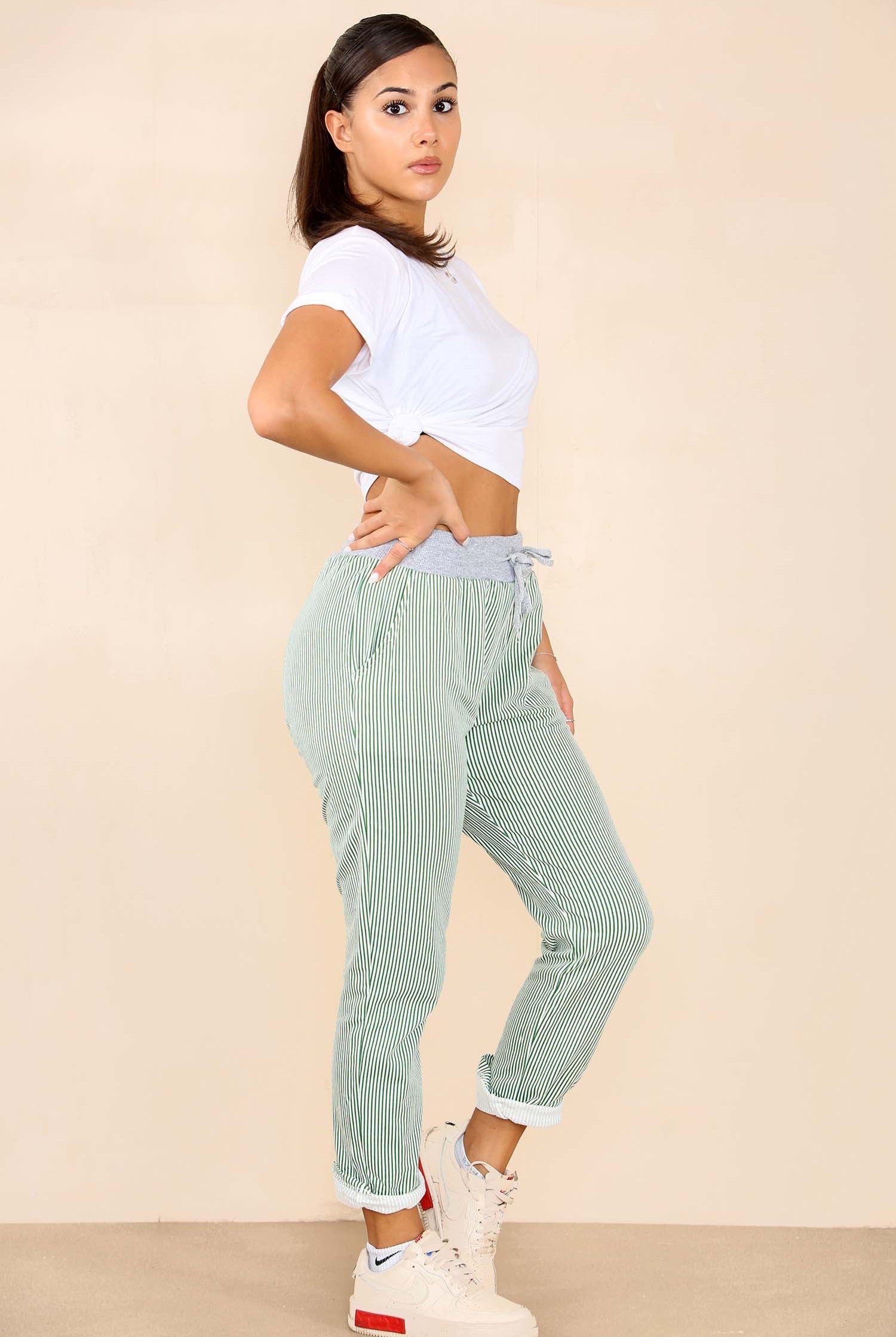 Italian Thin Stripes Print Drawstring Cotton Joggers Trouser WearAll