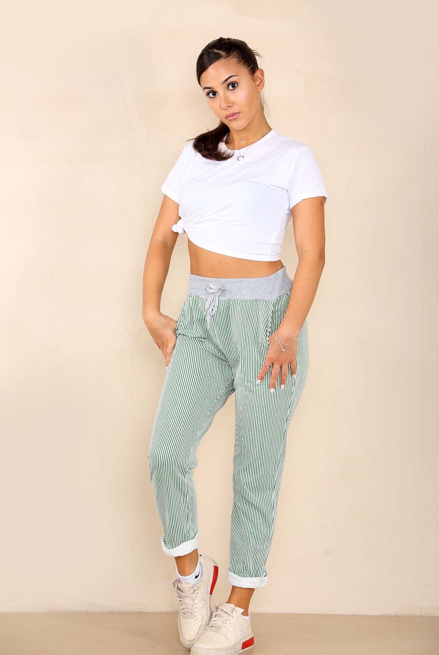 Plus Size Italian Thin Stripes Print Drawstring Cotton Joggers Trouser WearAll