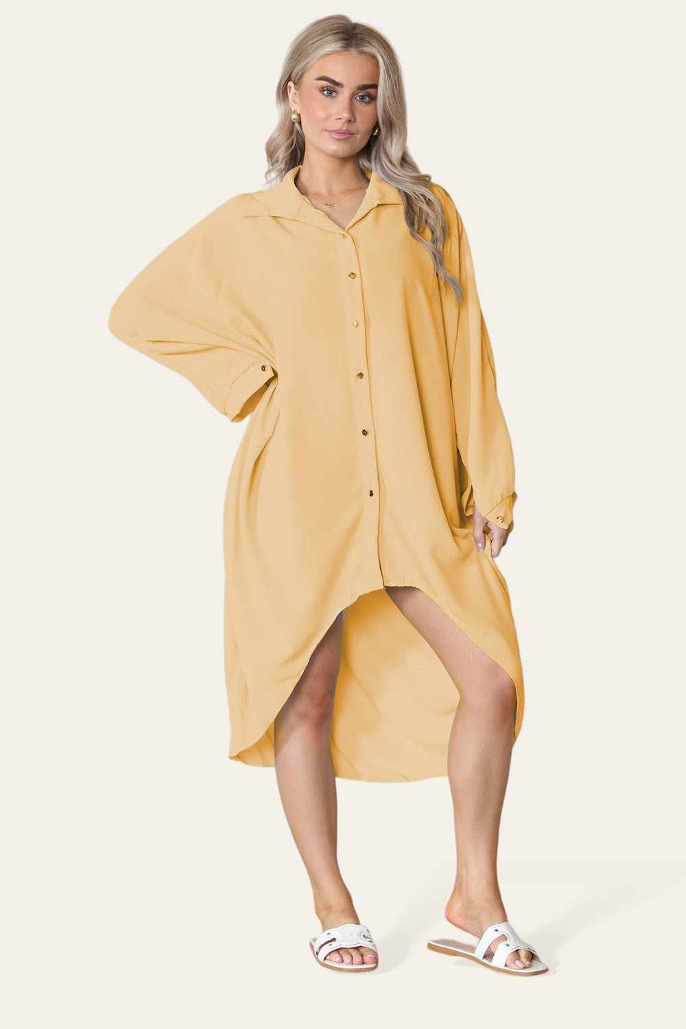 High-Low Oversized Button Long Top Shirt Dress with Hem and Long Sleeves Dress WearAll Mustard One Size UK Fit (14 to 22)