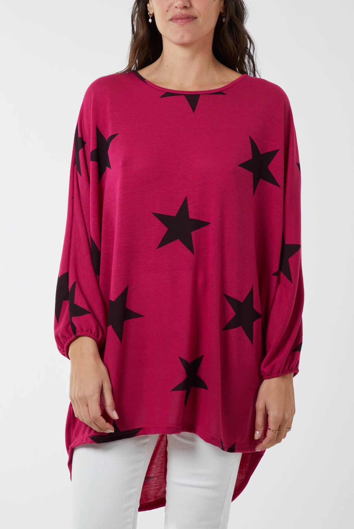 Dip Hem Asymmetric Star Top TOPMF2 WearAll Hot Pink One Size