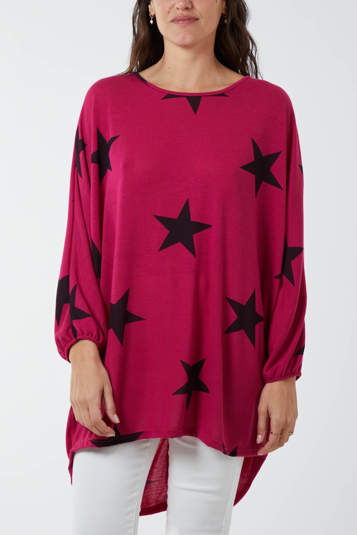 Dip Hem Asymmetric Star Top TOPMF2 WearAll Hot Pink One Size