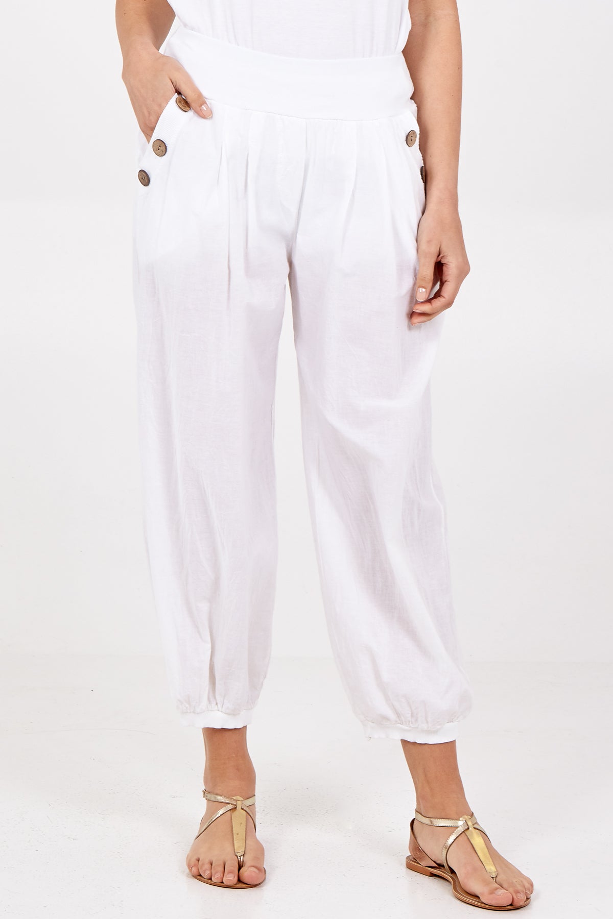 Button Pocket Detail Harem Pants TRS1 WearAll White One Size