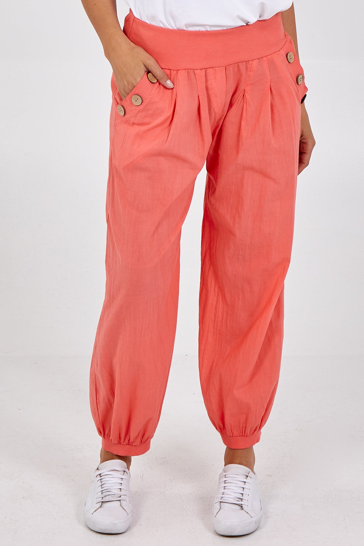 Button Pocket Detail Harem Pants TRS1 WearAll Coral One Size