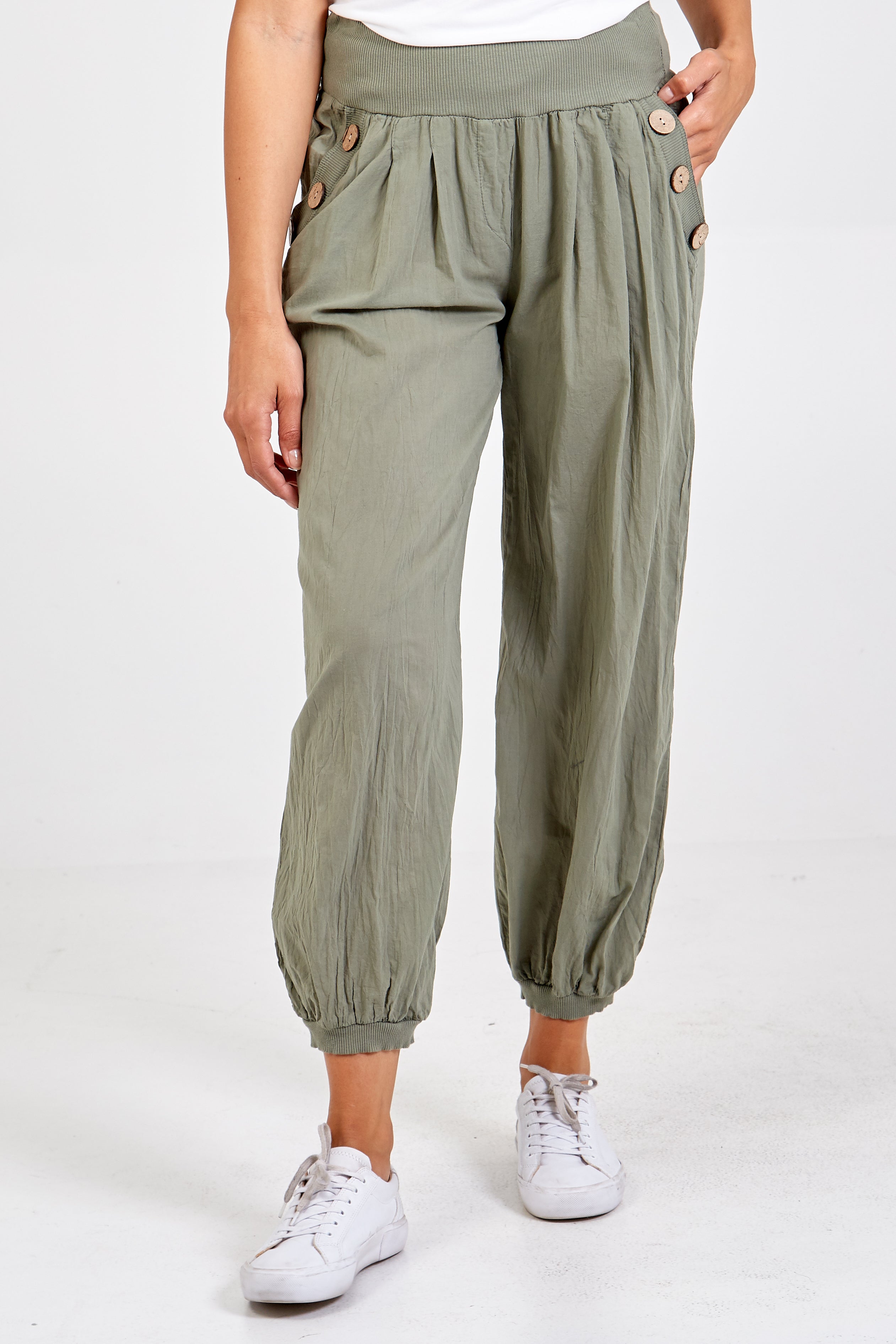 Button Pocket Detail Harem Pants TRS1 WearAll Khaki One Size