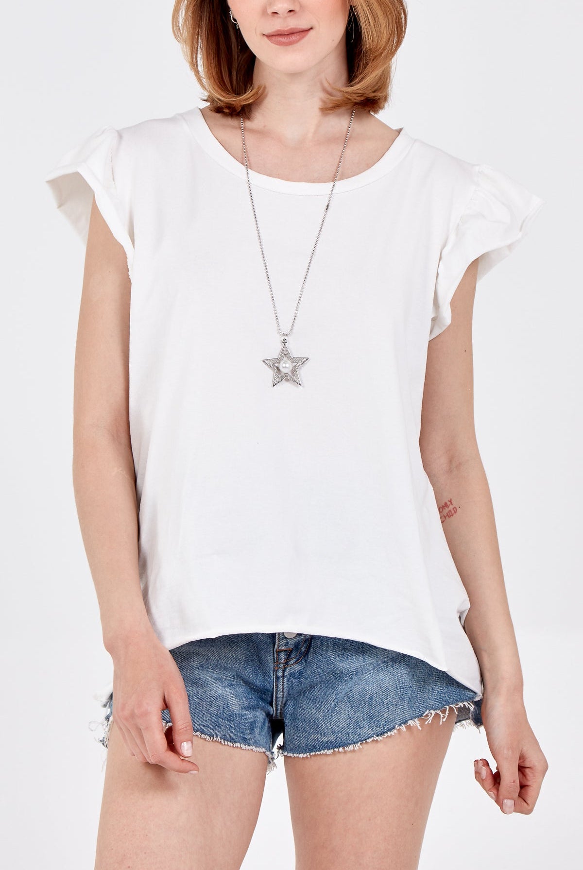 Scoop Neck Frill Sleeve Top With Necklace TOPMF2 WearAll