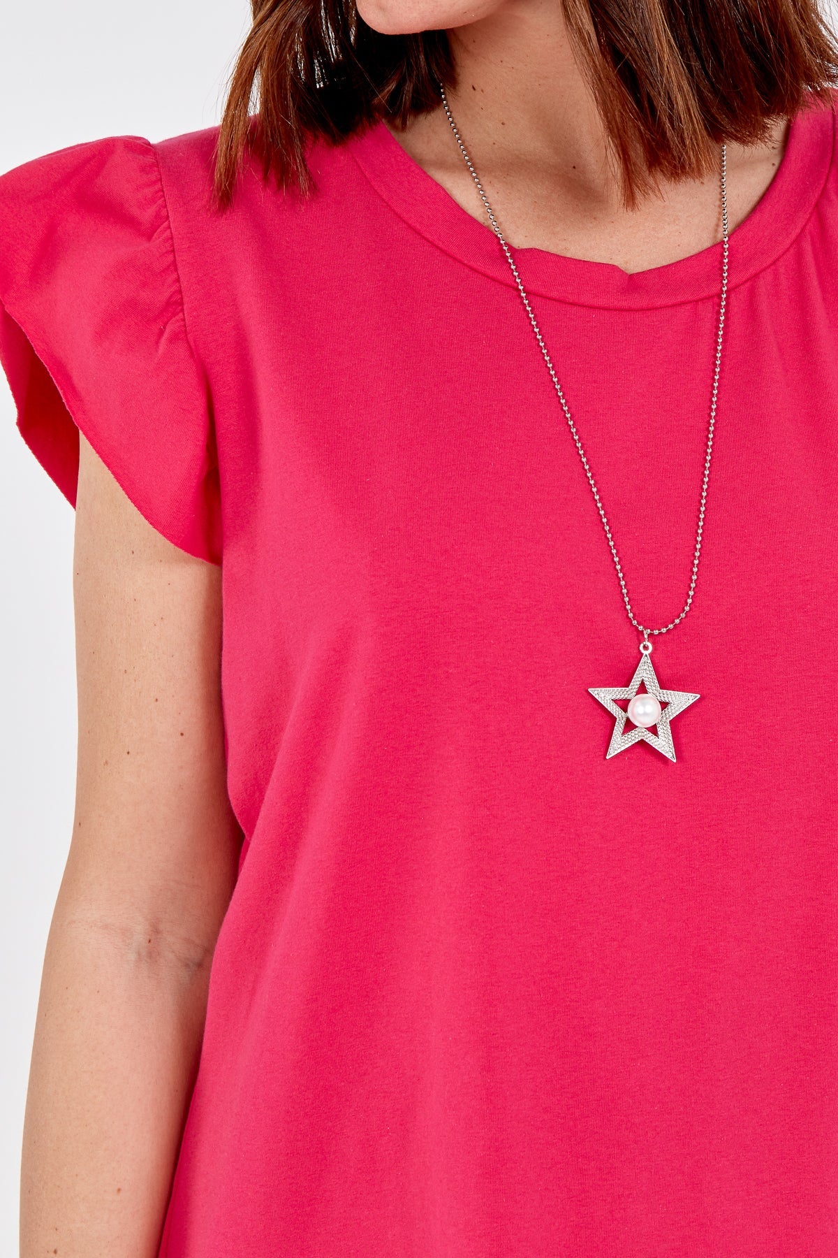 Scoop Neck Frill Sleeve Top With Necklace TOPMF2 WearAll