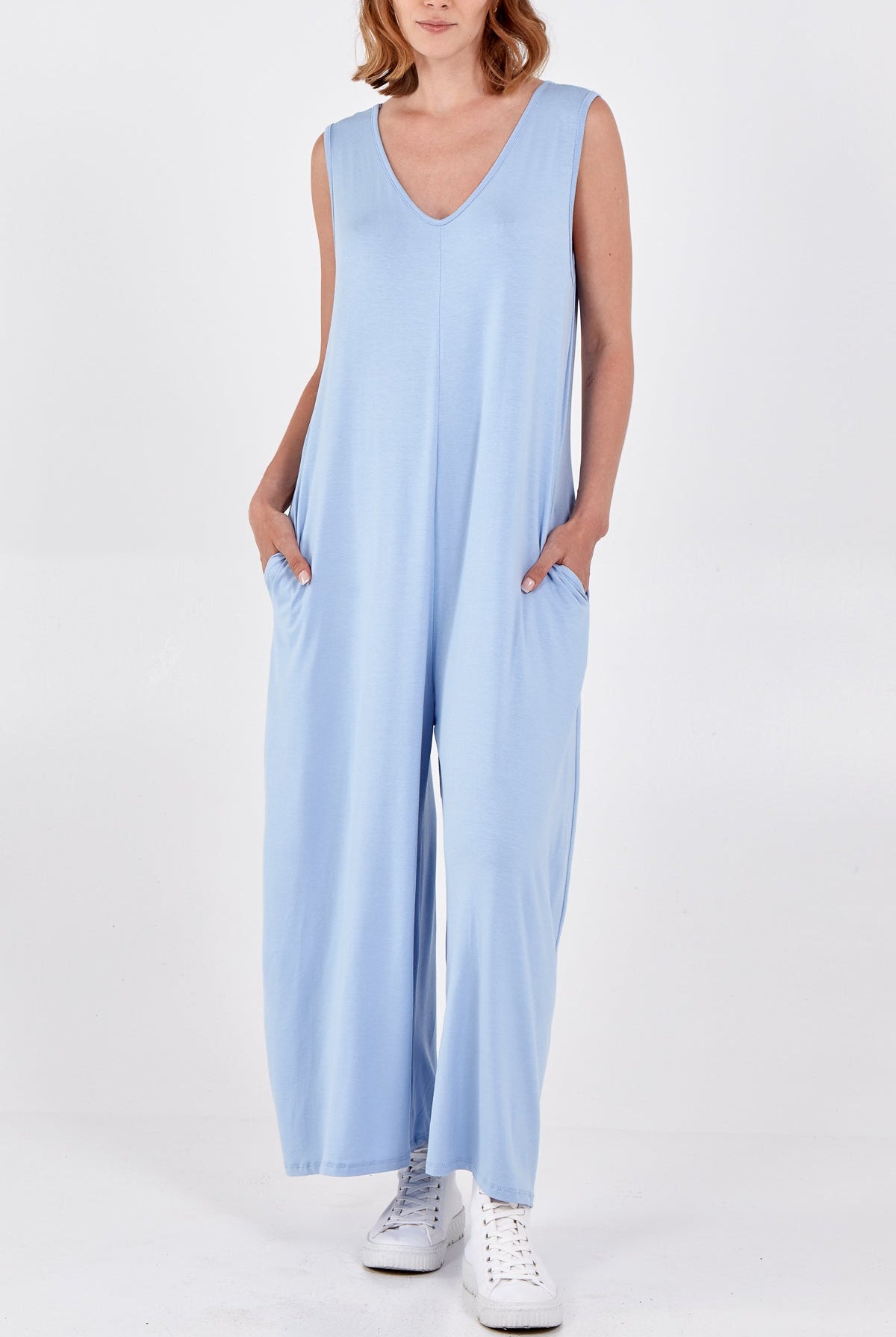 Sleeveless Plain V-Neck Jumpsuit Jump/Play WearAll Light Blue One Size