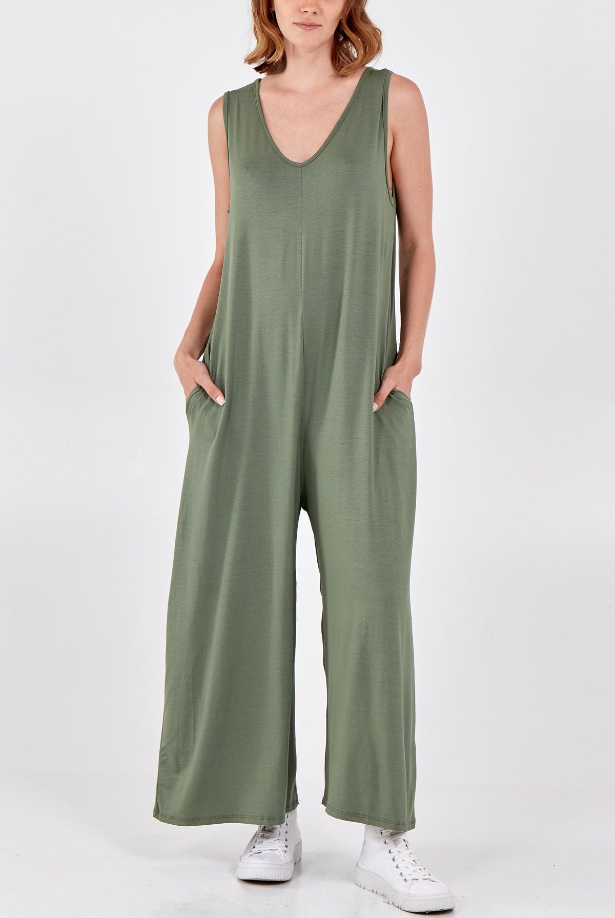 Sleeveless Plain V-Neck Jumpsuit Jump/Play WearAll Khaki One Size