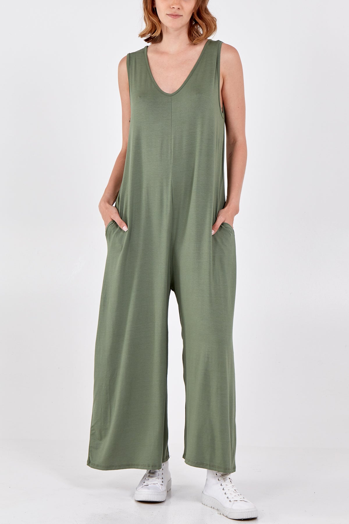 Sleeveless Plain V-Neck Jumpsuit Jump/Play WearAll Khaki One Size