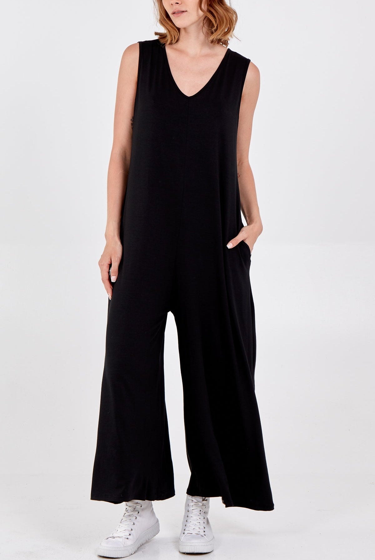Sleeveless Plain V-Neck Jumpsuit Jump/Play WearAll Black One Size
