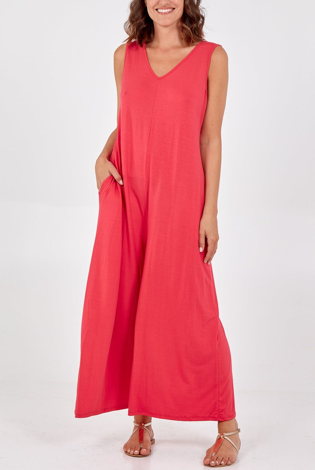 Sleeveless Plain V-Neck Jumpsuit Jump/Play WearAll Hot Pink One Size