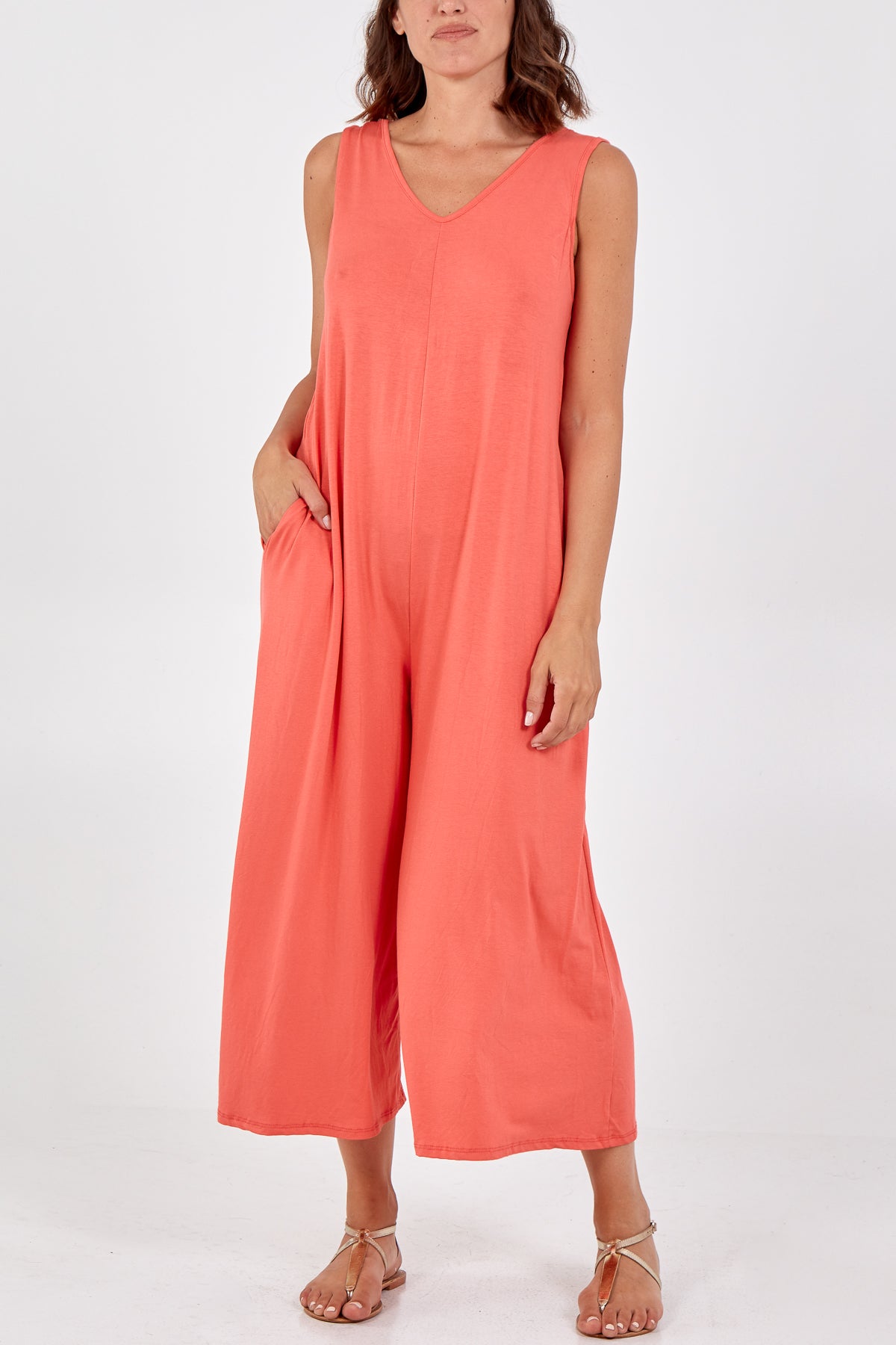 Sleeveless Plain V-Neck Jumpsuit Jump/Play WearAll Coral One Size