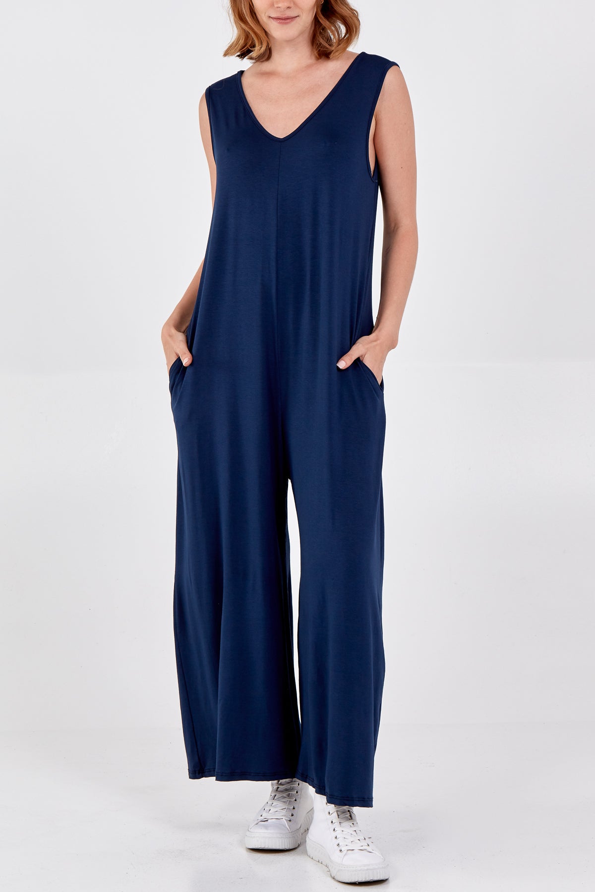 Sleeveless Plain V-Neck Jumpsuit Jump/Play WearAll Navy One Size