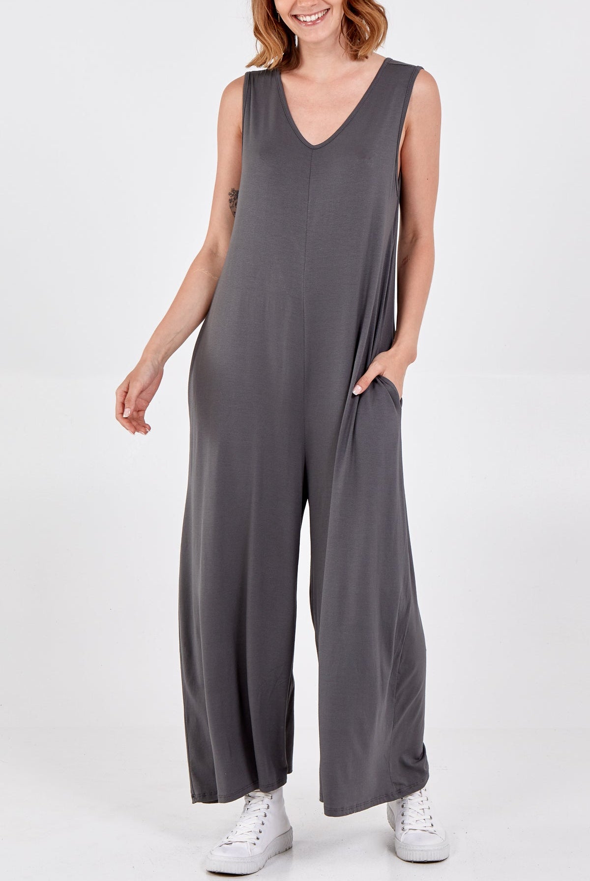 Sleeveless Plain V-Neck Jumpsuit Jump/Play WearAll Charcoal One Size