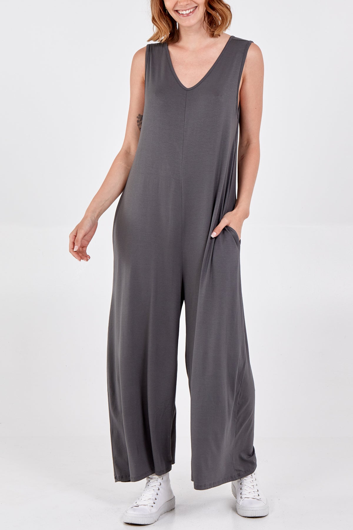 Sleeveless Plain V-Neck Jumpsuit Jump/Play WearAll Charcoal One Size