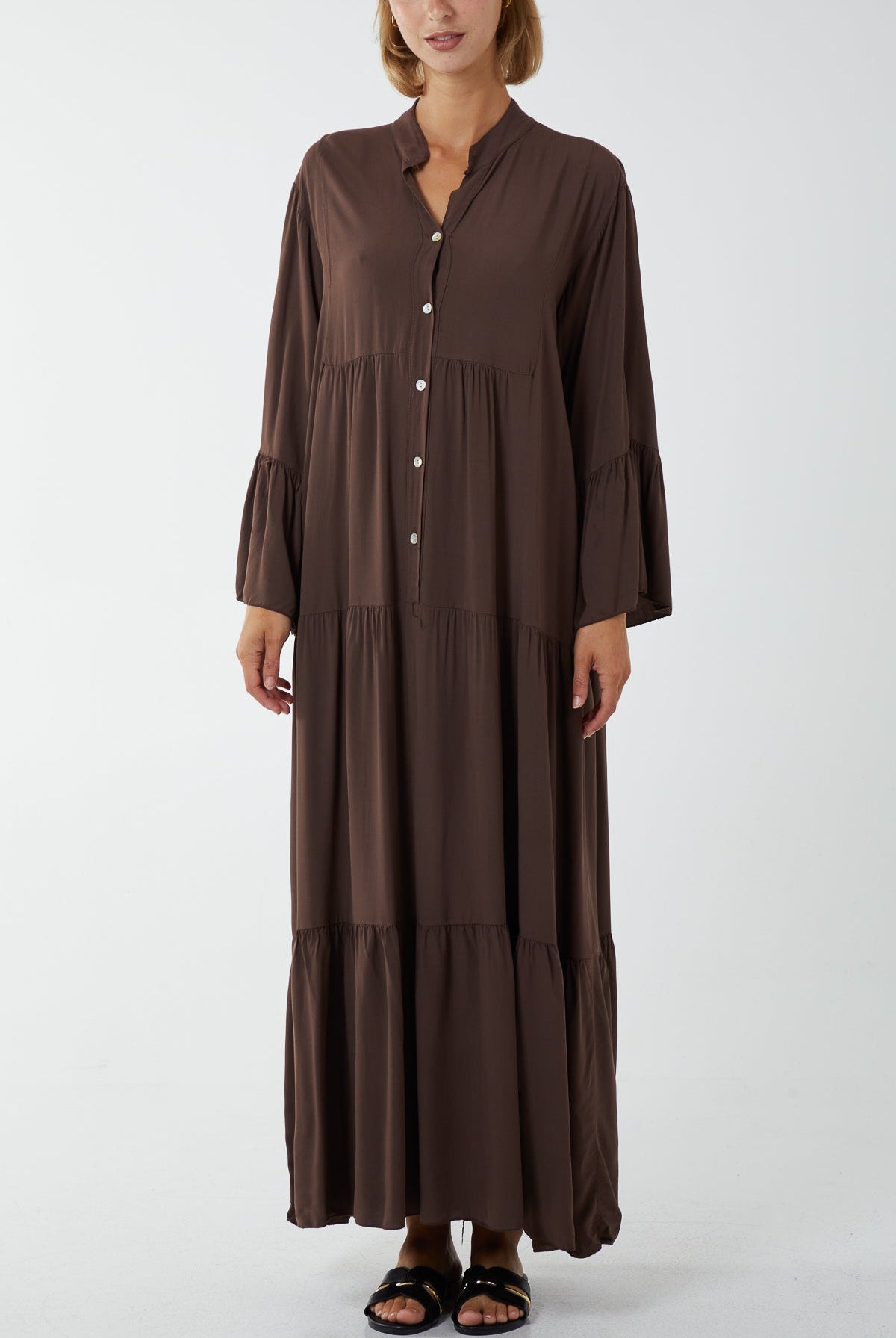 Maxi Tiered Button Up Dress DMF2 WearAll Chocolate One Size
