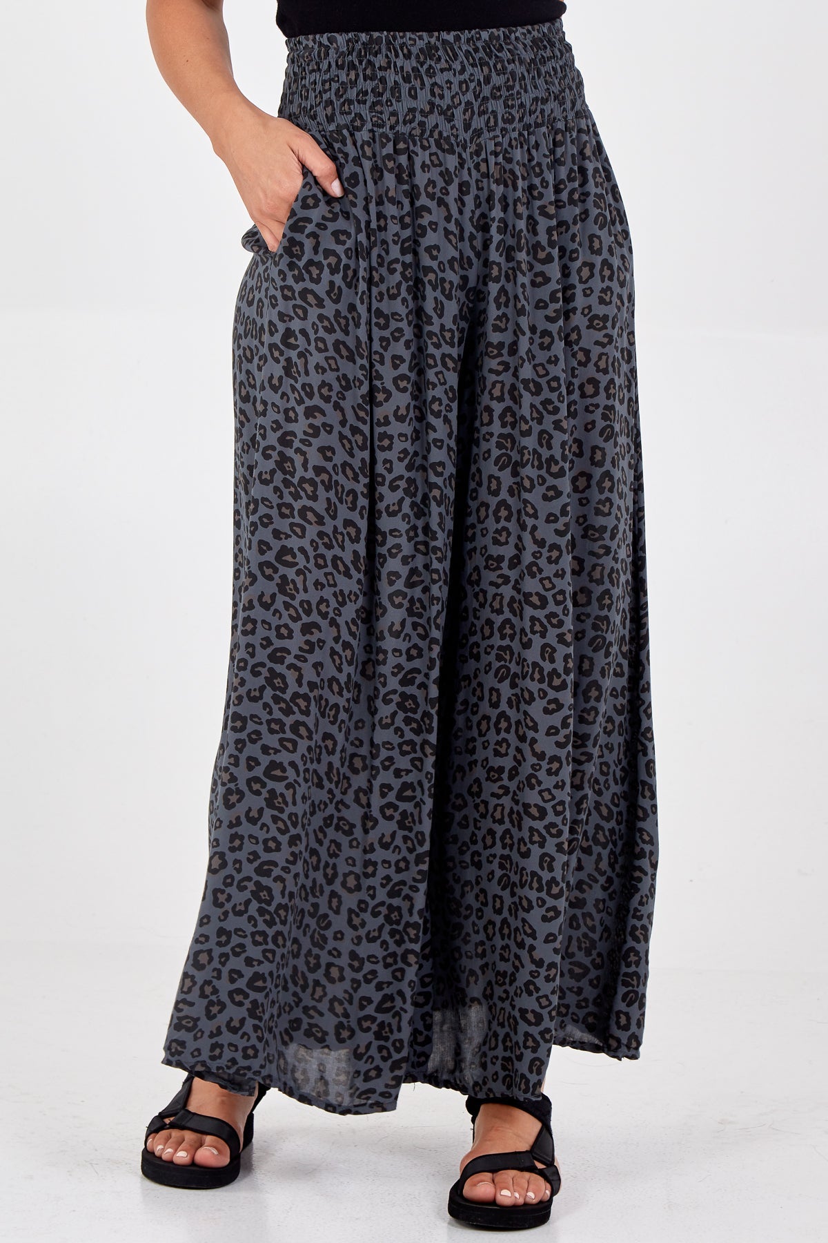 Leopard Print Ruched Waist Wide Leg Trousers TRS1 WearAll Charcoal One Size
