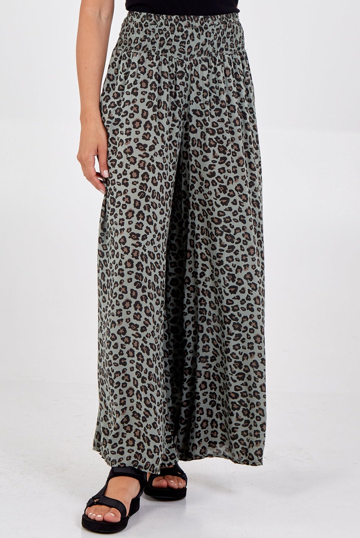 Leopard Print Ruched Waist Wide Leg Trousers TRS1 WearAll Khaki One Size