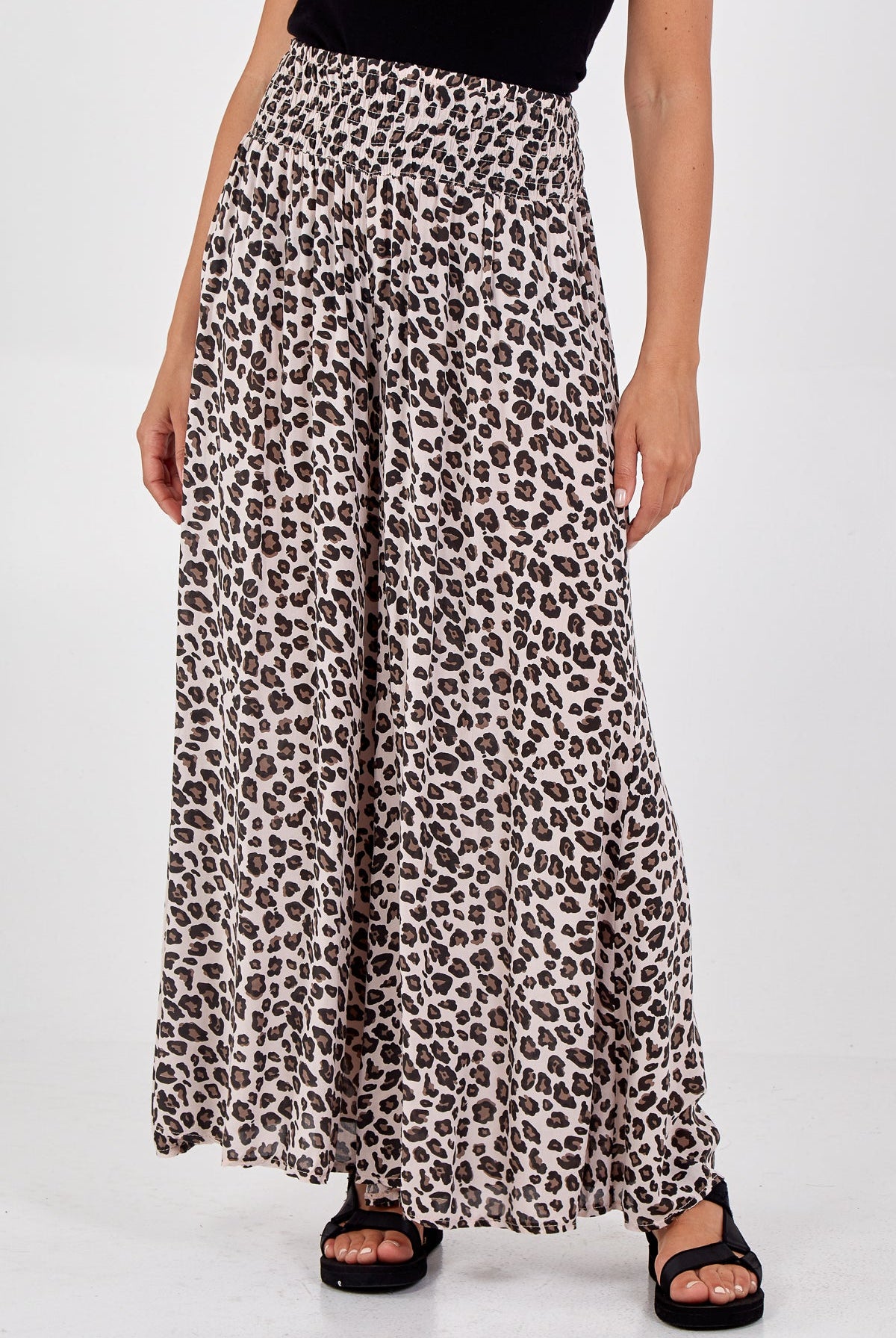 Leopard Print Ruched Waist Wide Leg Trousers TRS1 WearAll Blush One Size