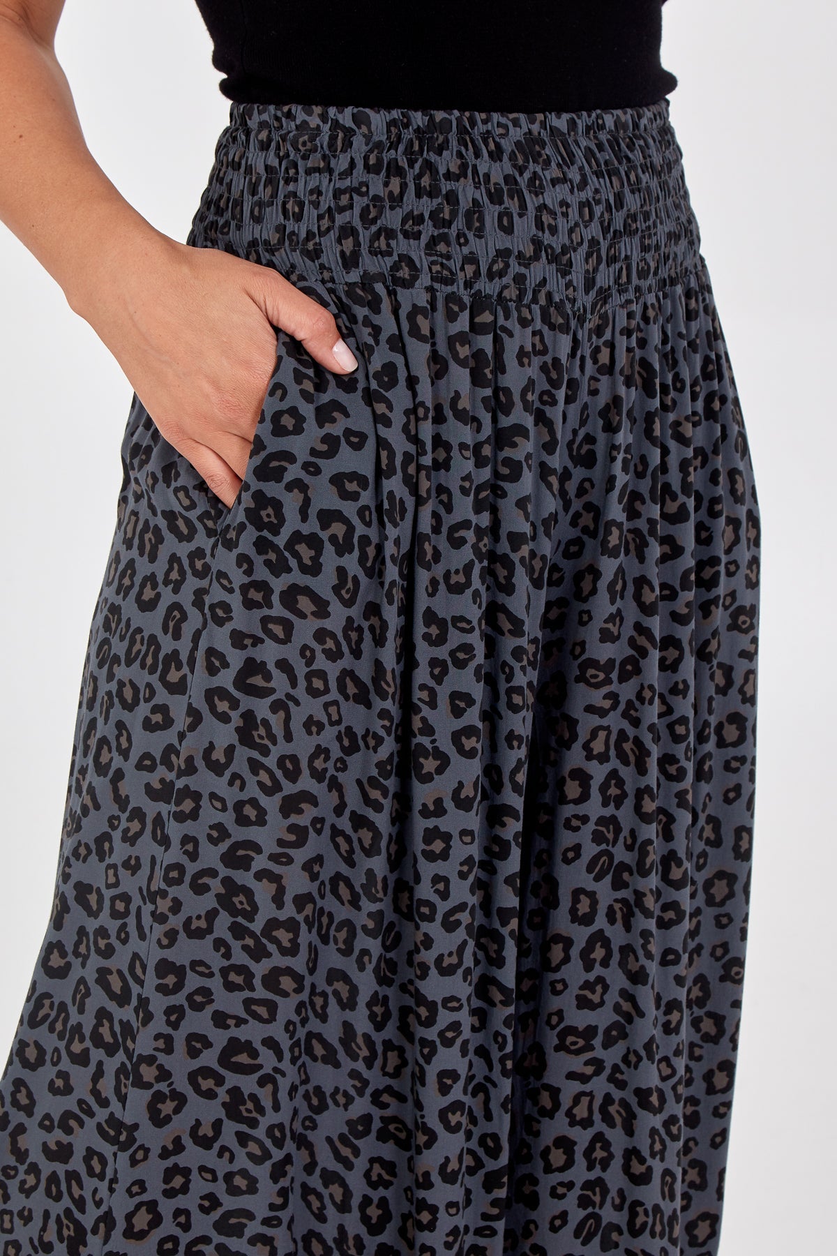 Leopard Print Ruched Waist Wide Leg Trousers TRS1 WearAll