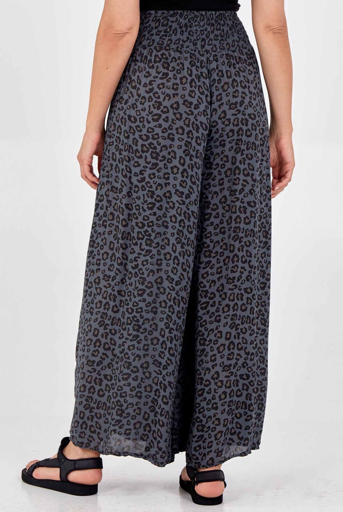 Leopard Print Ruched Waist Wide Leg Trousers TRS1 WearAll