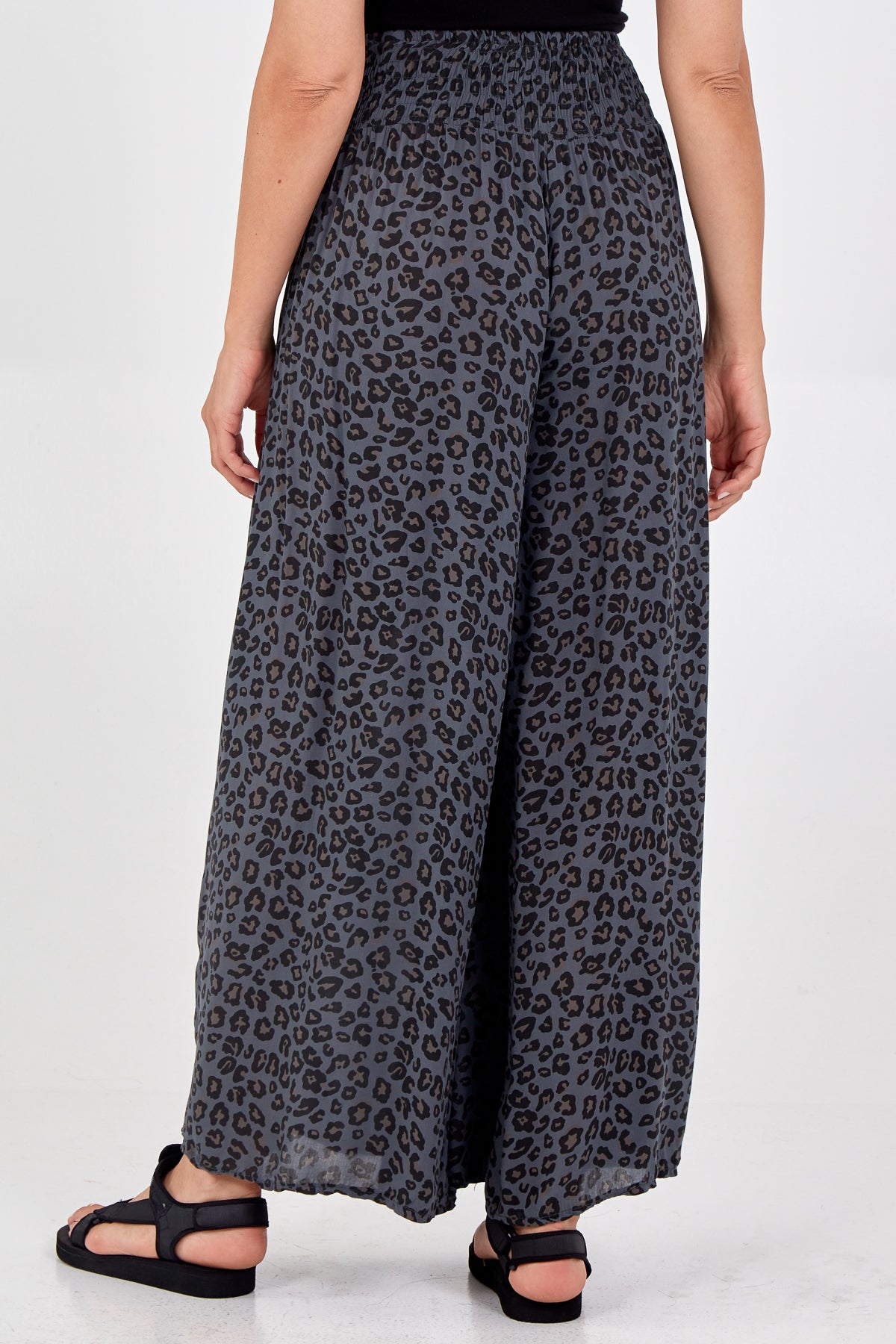 Leopard Print Ruched Waist Wide Leg Trousers TRS1 WearAll