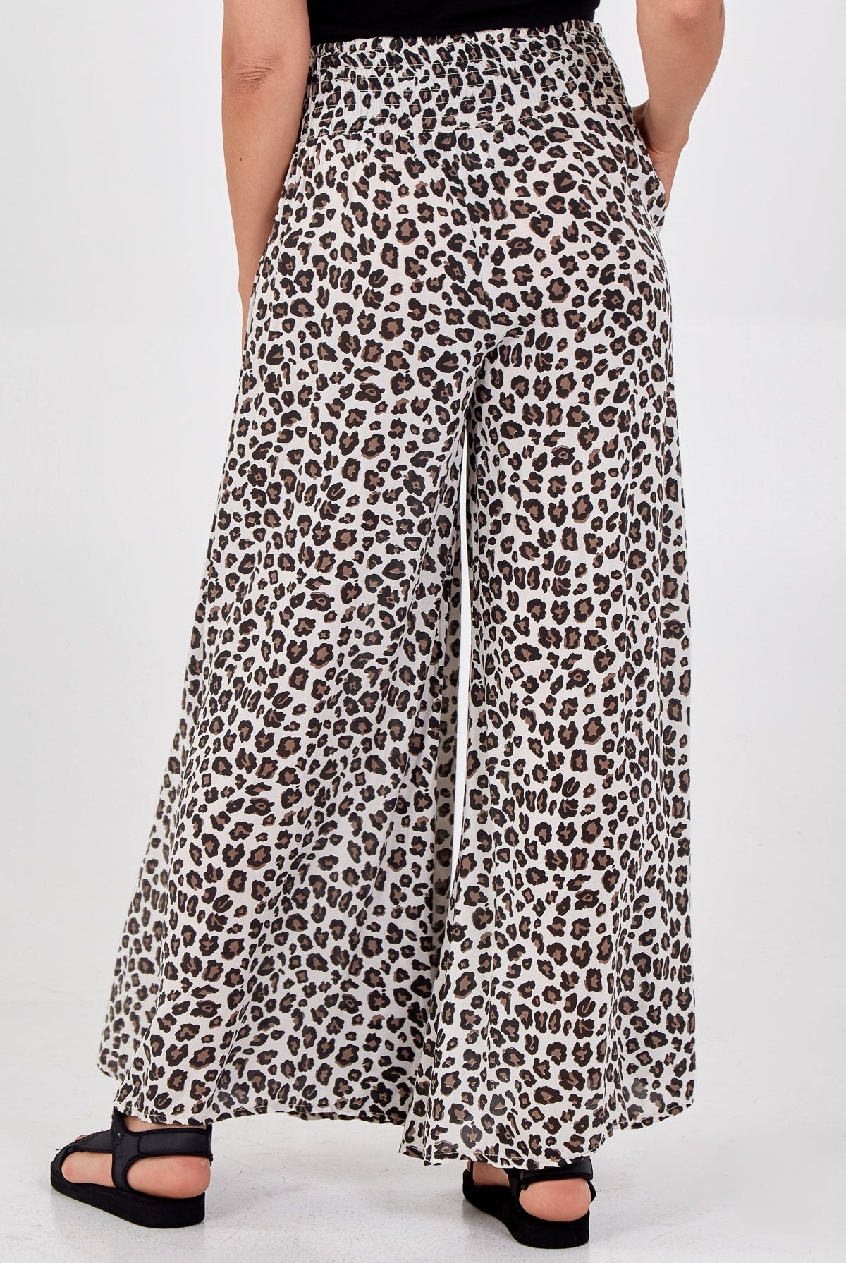 Leopard Print Ruched Waist Wide Leg Trousers TRS1 WearAll