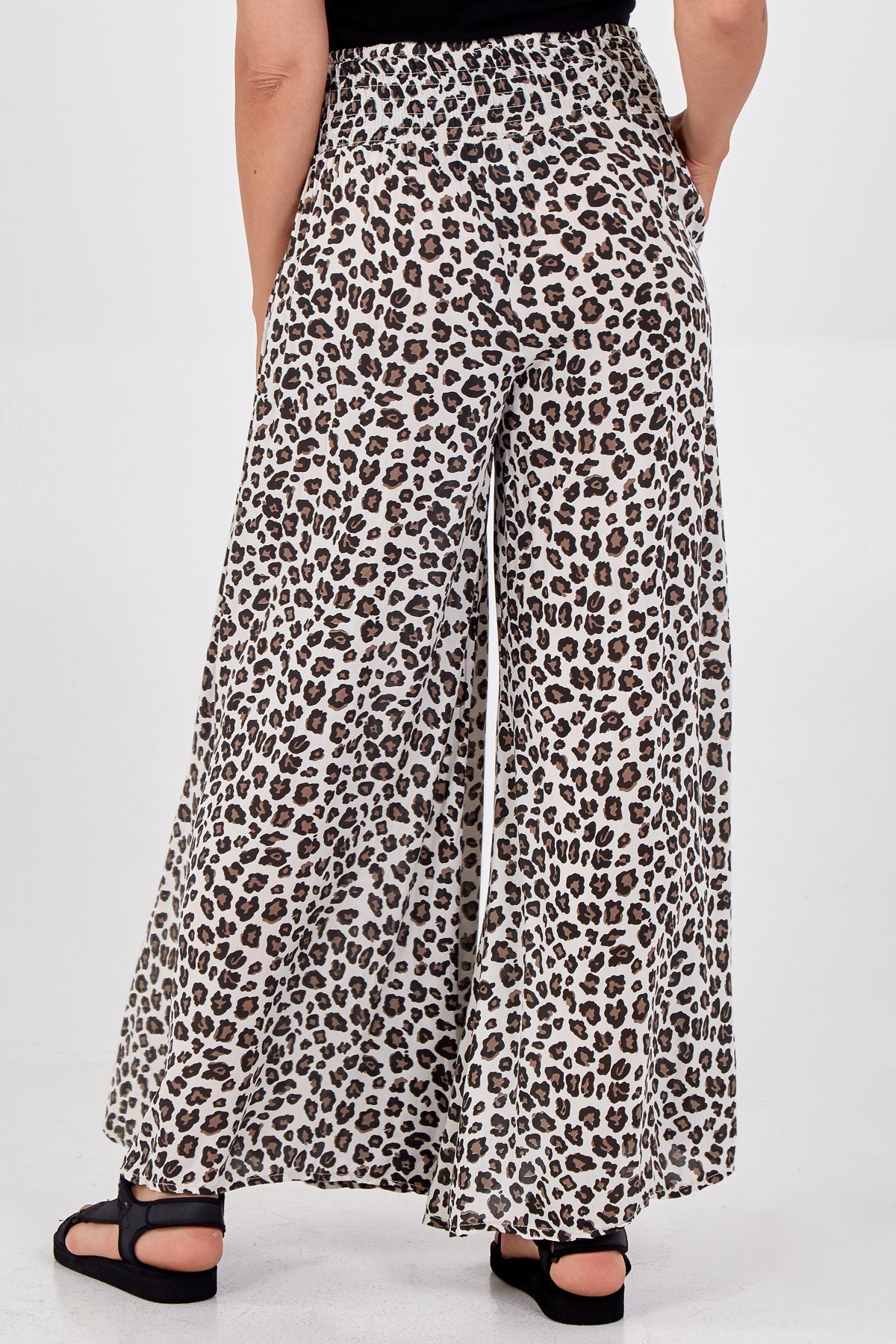 Leopard Print Ruched Waist Wide Leg Trousers TRS1 WearAll