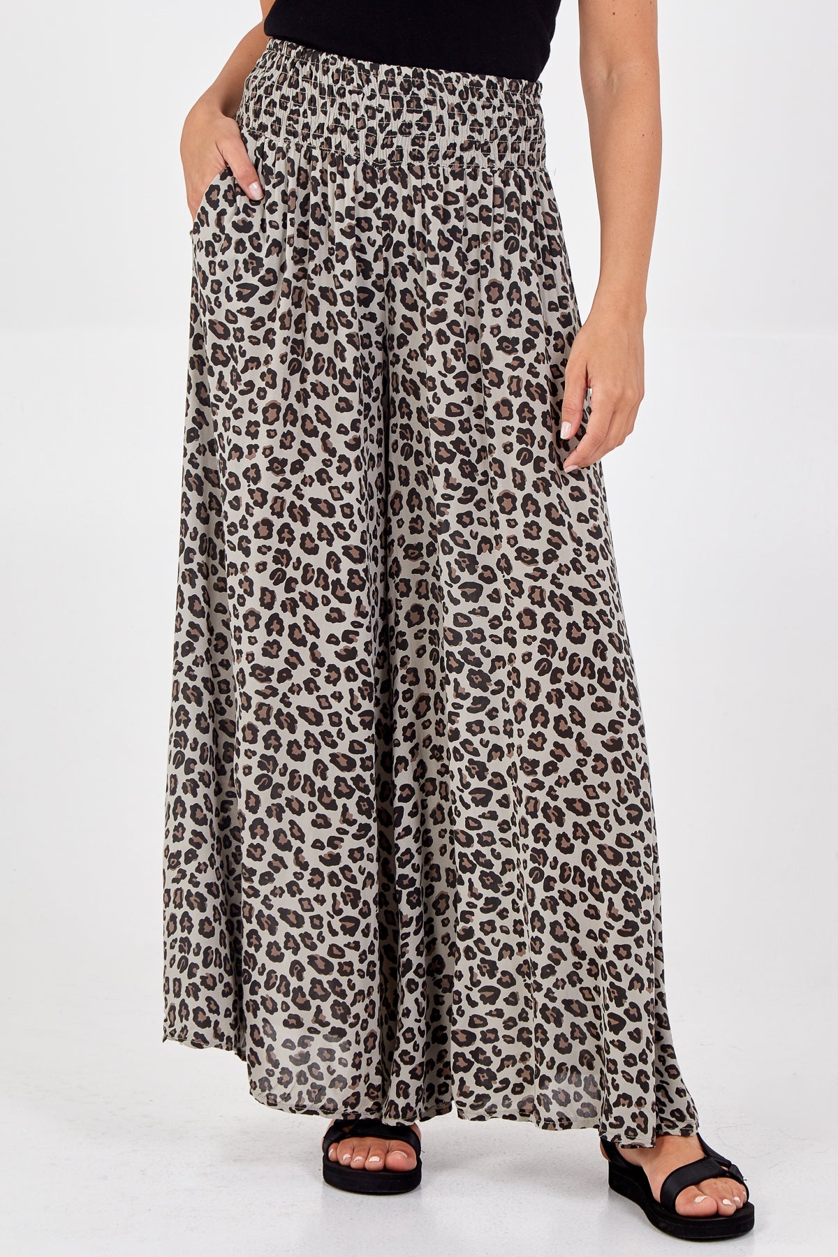 Leopard Print Ruched Waist Wide Leg Trousers TRS1 WearAll