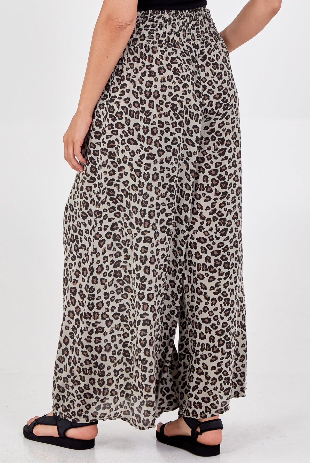Leopard Print Ruched Waist Wide Leg Trousers TRS1 WearAll