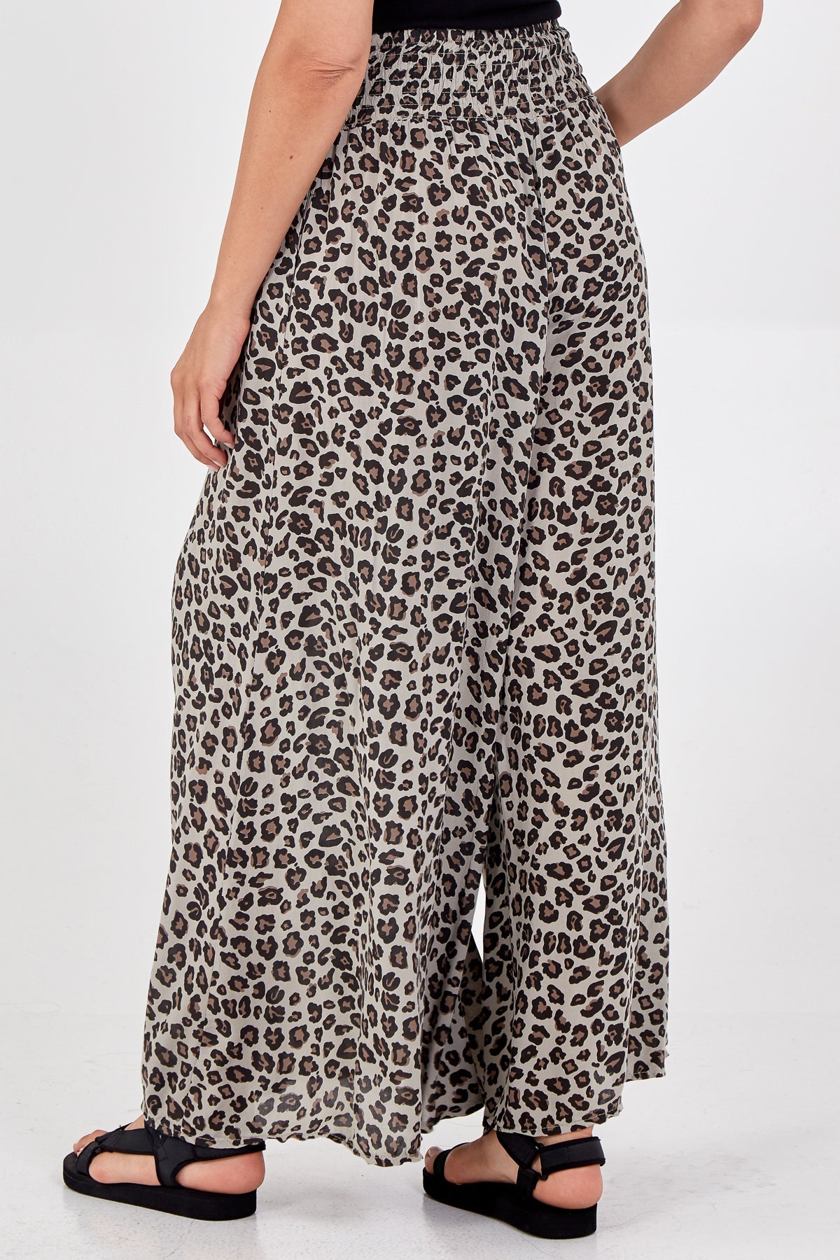 Leopard Print Ruched Waist Wide Leg Trousers TRS1 WearAll